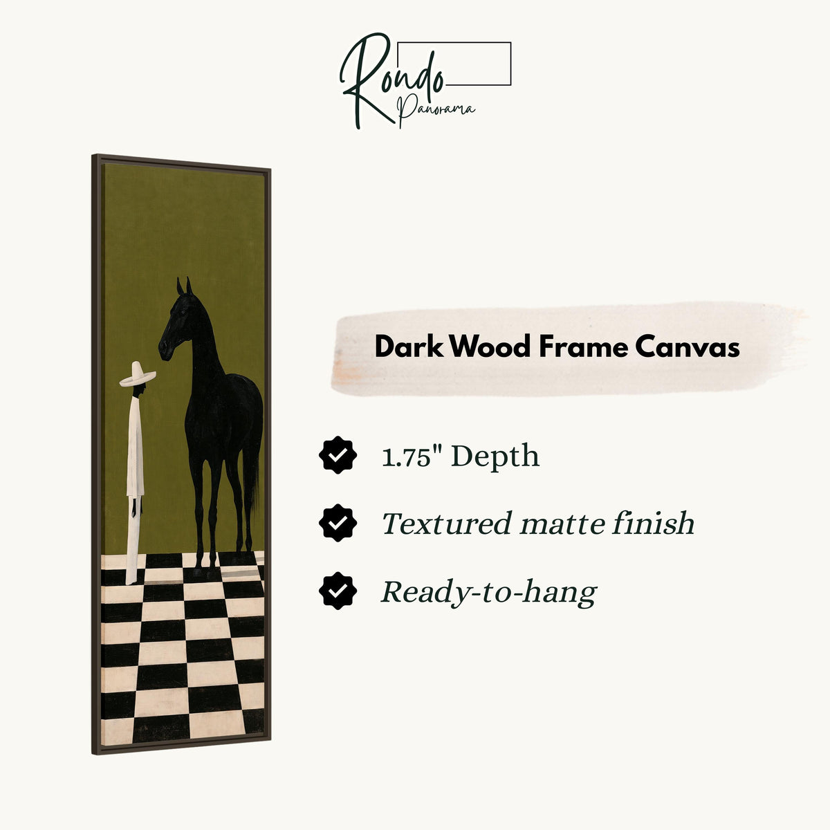 Black horse and figure on a checkerboard floor canvas print in a dark wood floating frame