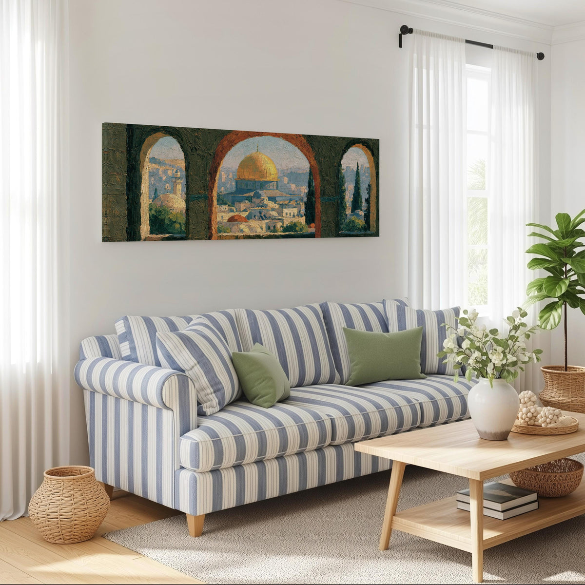 Dome of the Rock seen through stone arches long horizontal canvas print above a striped sofa in a coastal living room