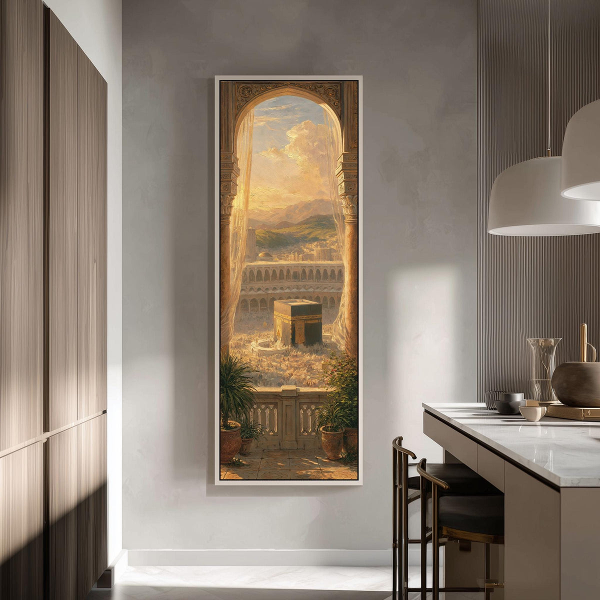 The Kaaba seen through a golden arch at sunset tall skinny canvas print in a modern kitchen