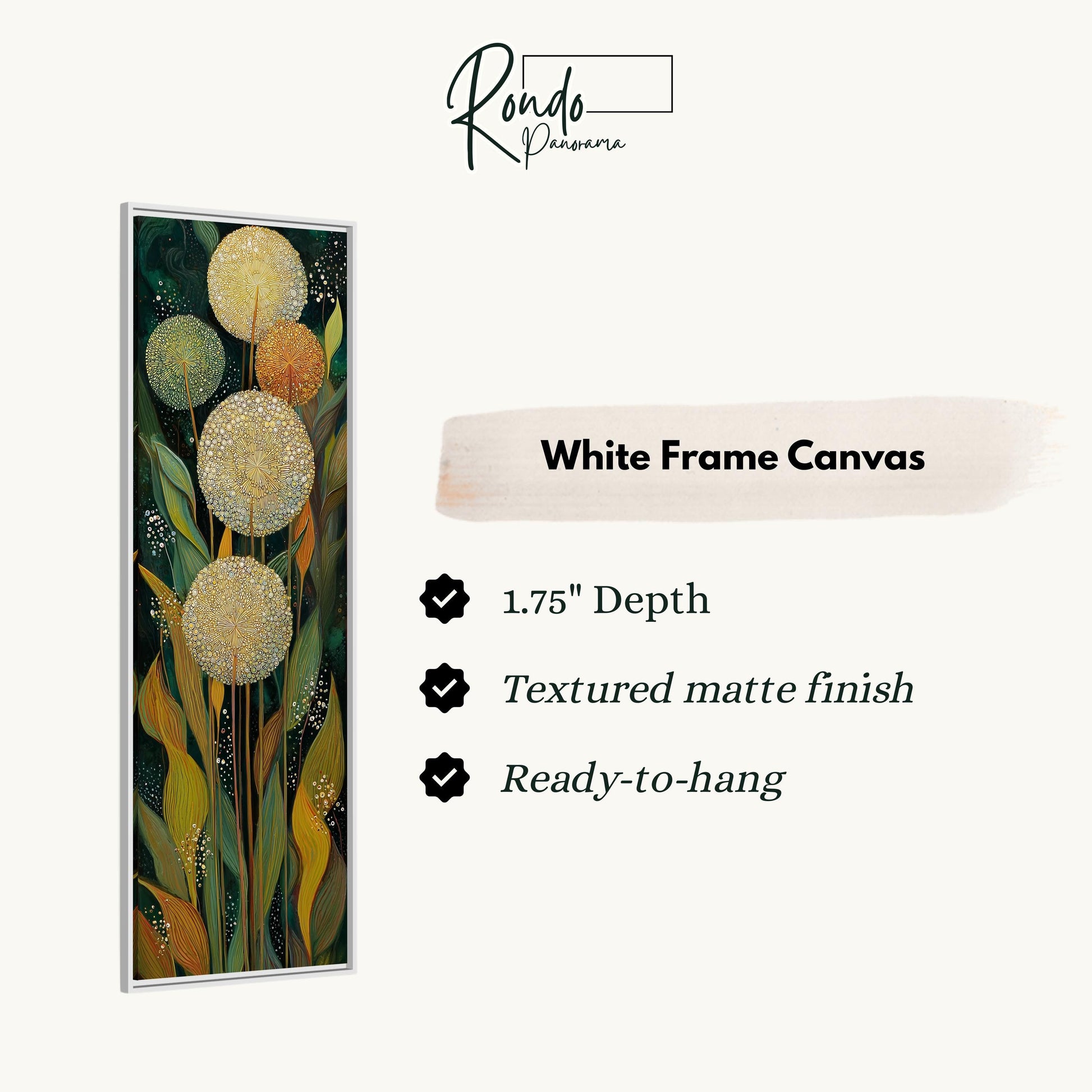 The image is a white frame canvas with a painting of yellow flowers and green leaves.
