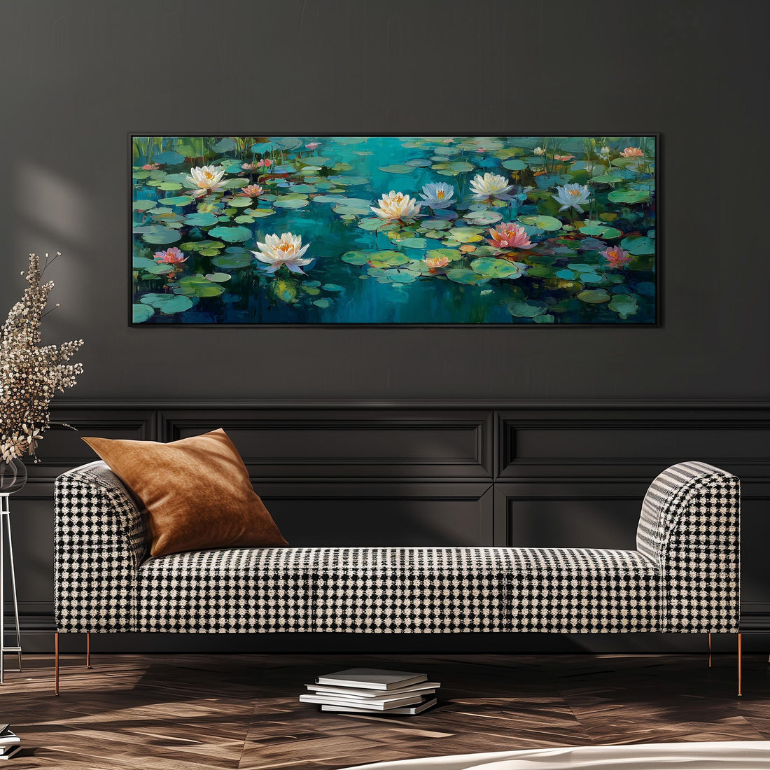 a large painting of a pond with lily pads hanging on a wall above a black and white checkered sofa.