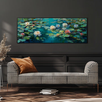 a large painting of a pond with lily pads hanging on a wall above a black and white checkered sofa.