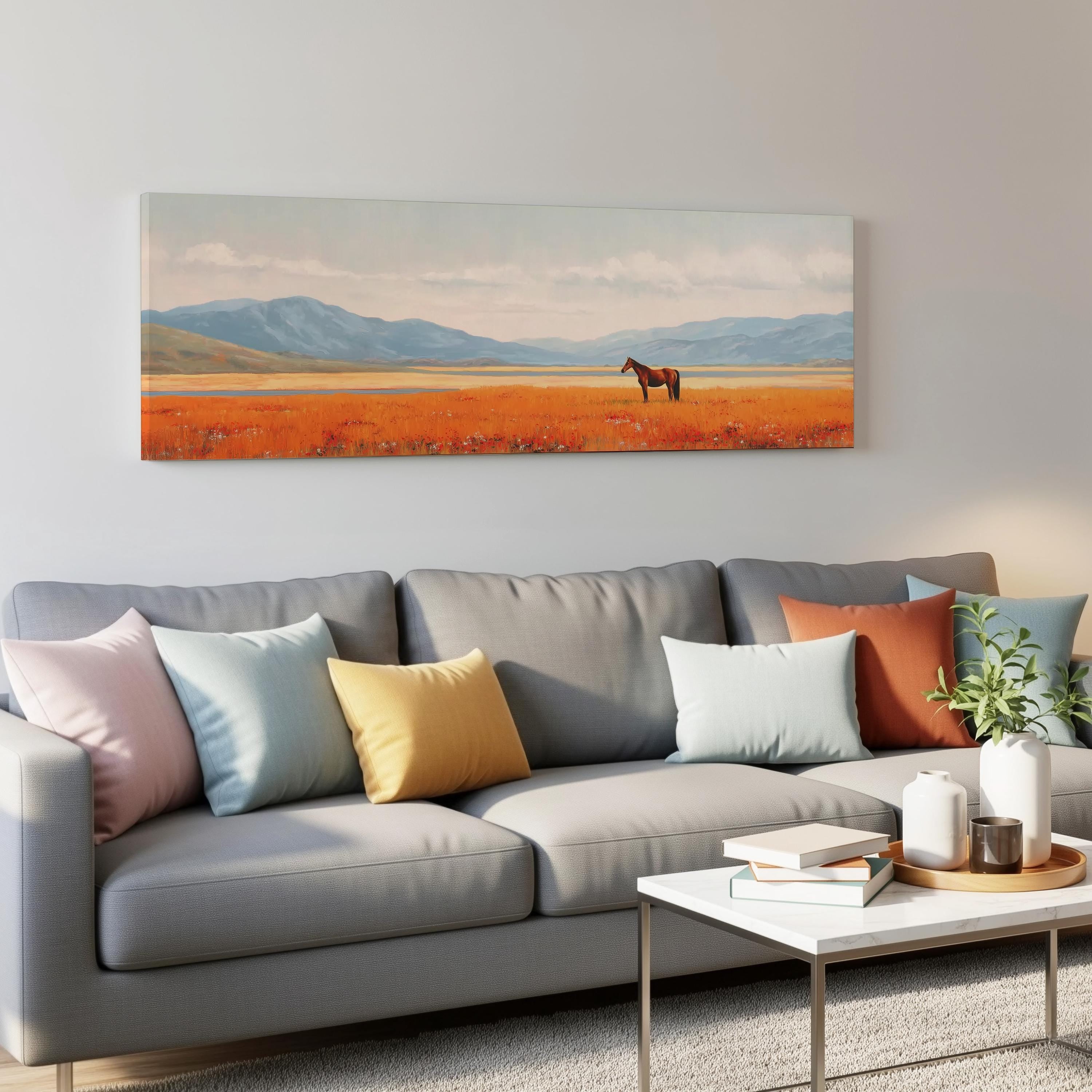 a living room with a gray sofa adorned with colorful throw pillows. Above the sofa, a large painting of a horse in a field is displayed on the wall. The painting captures the serene beauty of the countryside, with the horse standing amidst the vibrant orange and yellow flowers. The room is also decorated with a coffee table, a potted plant, and a vase, creating a cozy and inviting atmosphere.