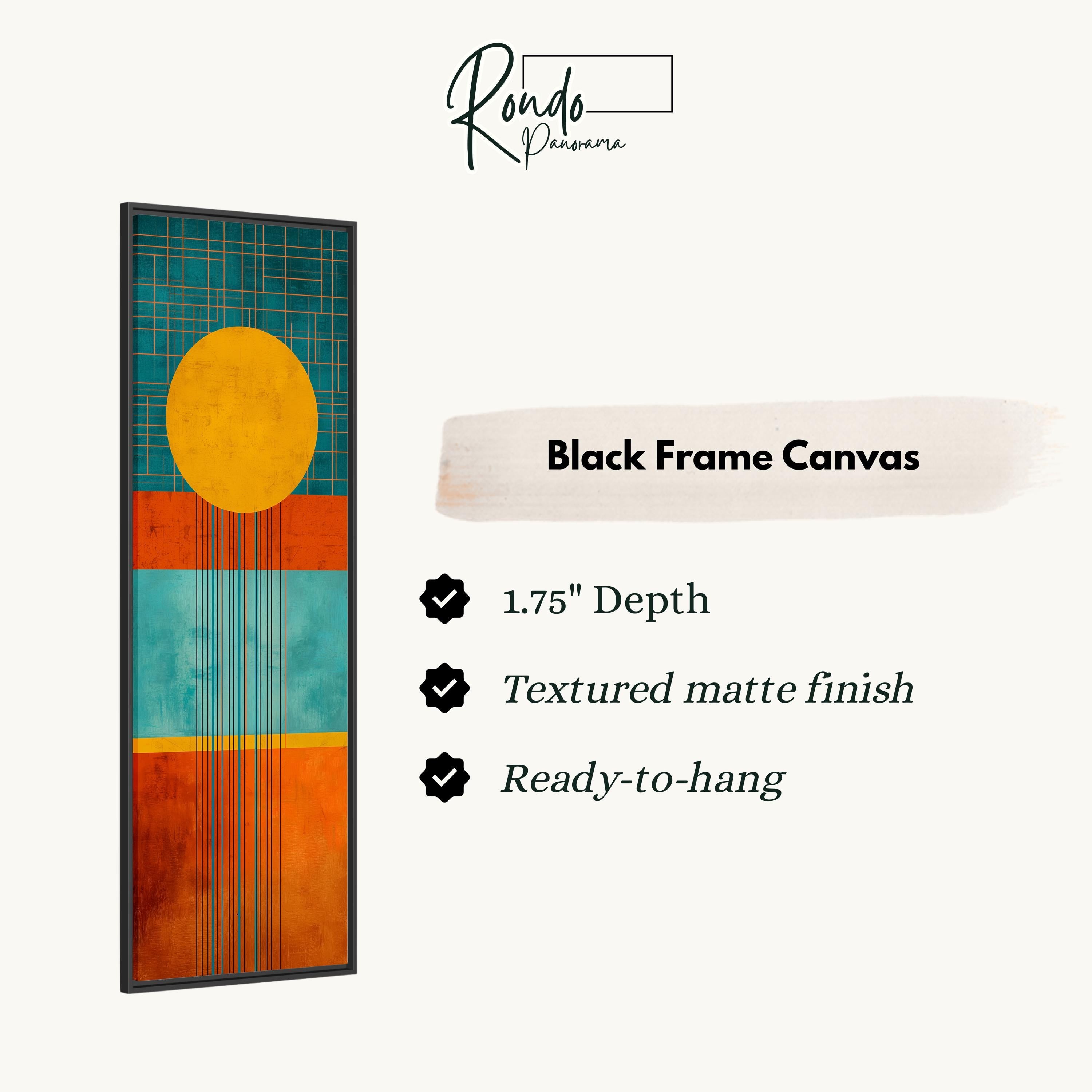The image is a black frame canvas with a vibrant abstract design featuring a yellow circle and orange and blue stripes.