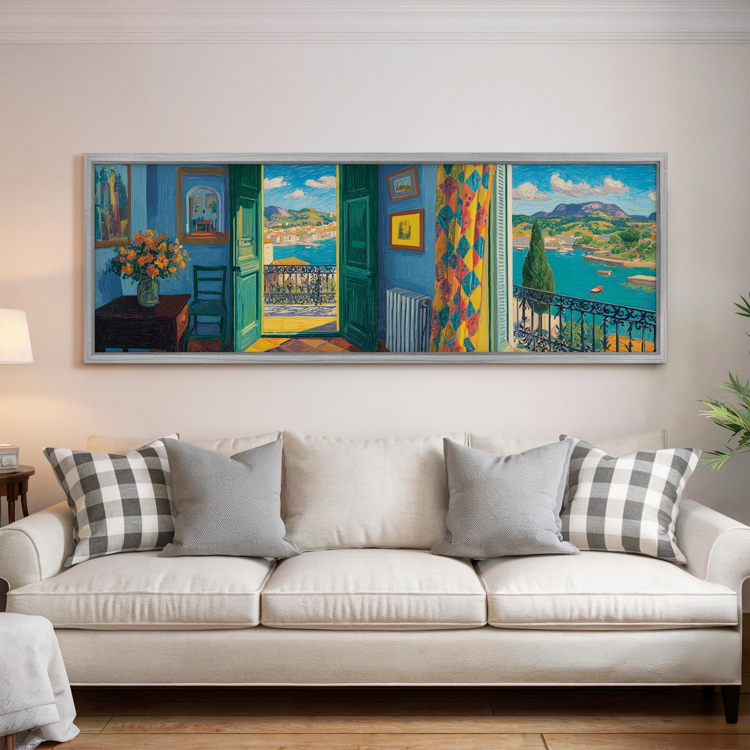 a large, colorful painting of a room with a balcony and a scenic view of the ocean and mountains.