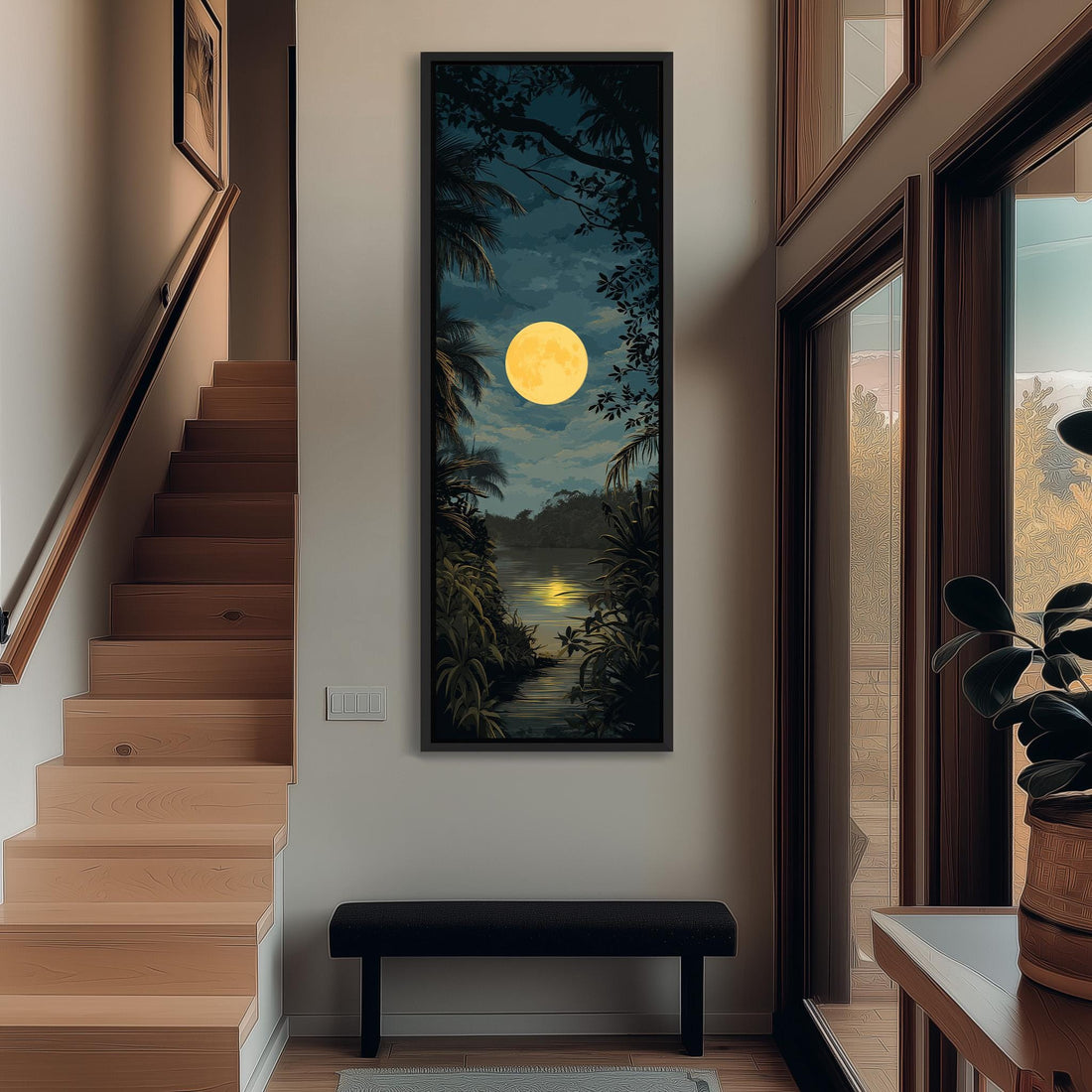 a large painting of a tropical landscape with a full moon in the sky, hanging on a wall in a hallway.