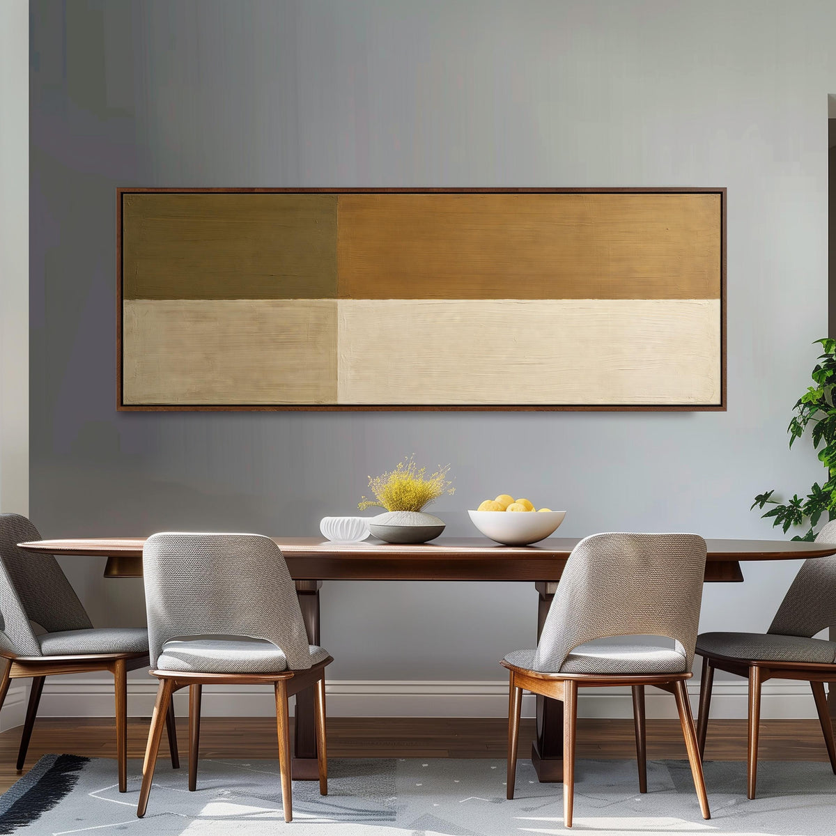 Olive and cream quadrants long horizontal canvas print above a dining table