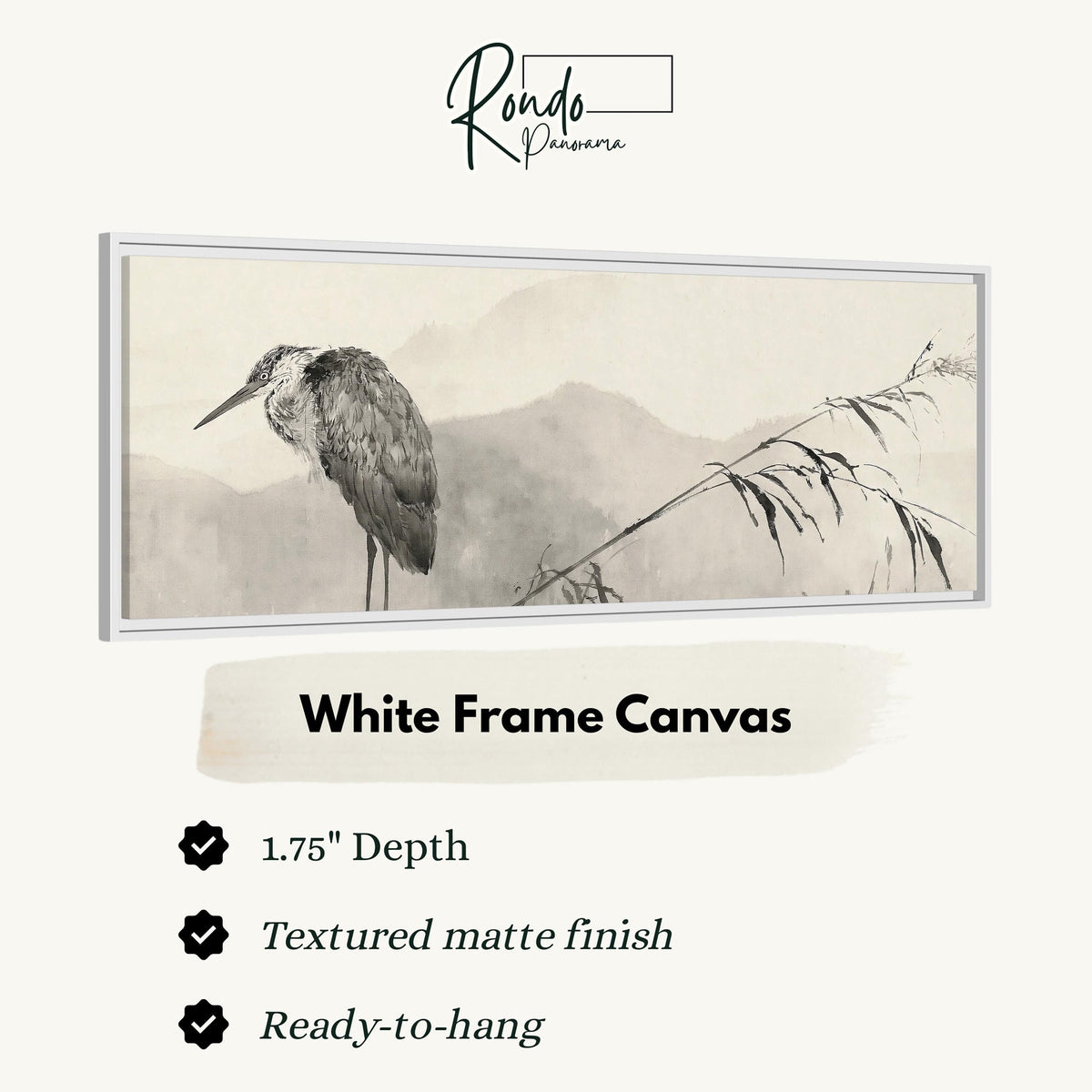 Heron in front of misty ink mountains canvas print in a white floating frame
