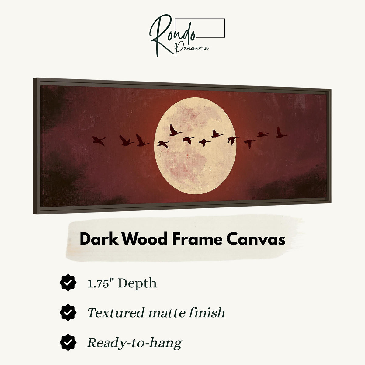 Geese crossing a pale moon on maroon canvas print in a dark wood floating frame