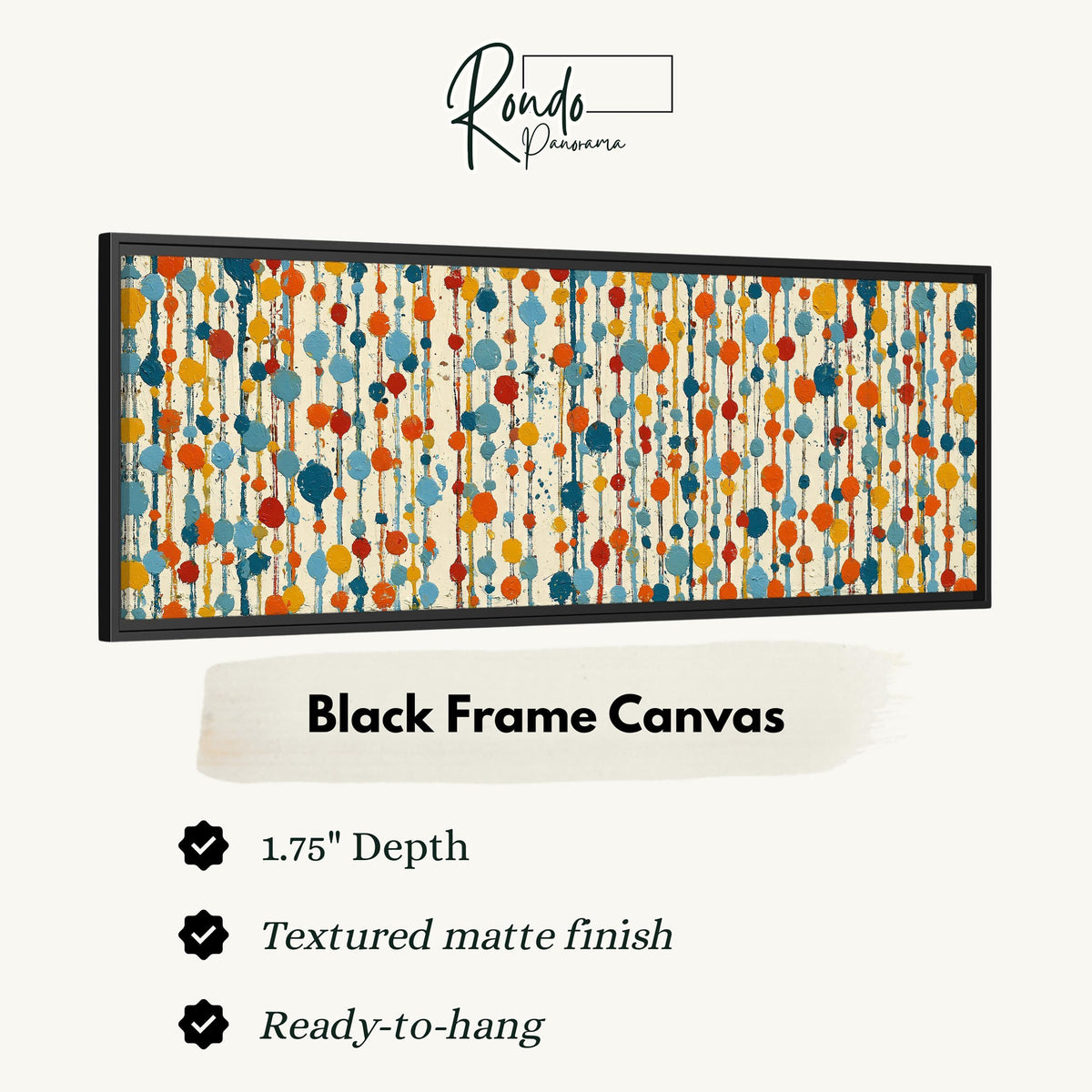Strings of colorful polka dot blooms canvas print in a black floating frame