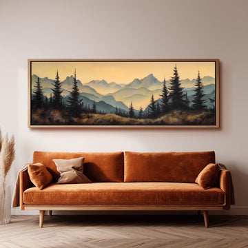 a large landscape painting hanging on a wall above a brown sofa with orange cushions.