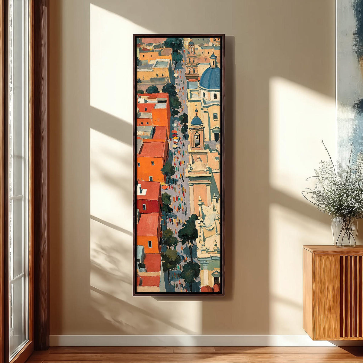 Procession through a colorful old town seen from above tall skinny canvas print in a sunlit living space
