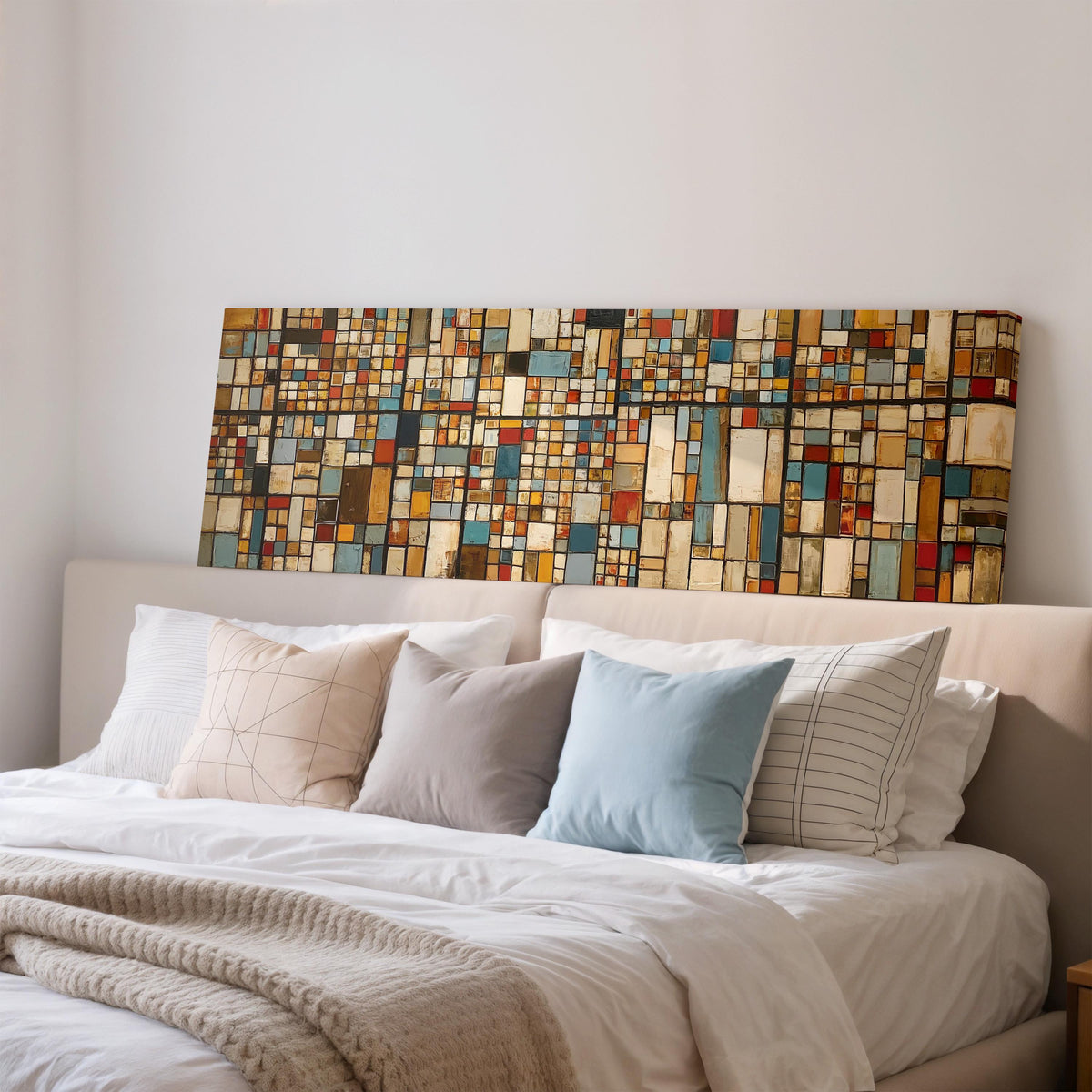 Earth tone mosaic grid in blue and ochre wide panoramic canvas print above a bed in a bedroom