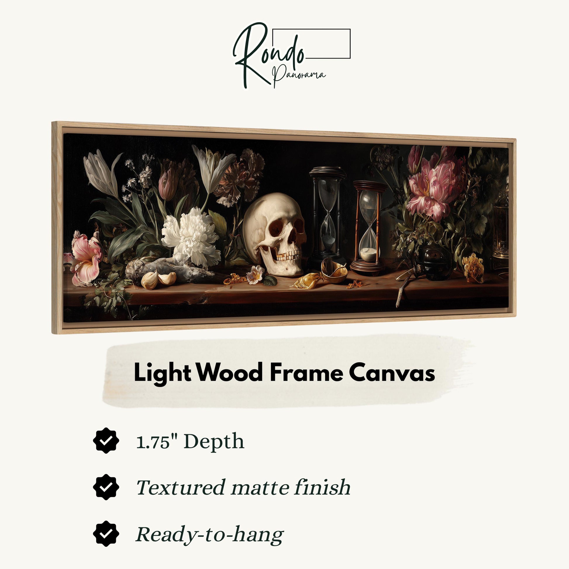 The image is a framed artwork depicting a still life arrangement with a skull, flowers, and other objects on a shelf.