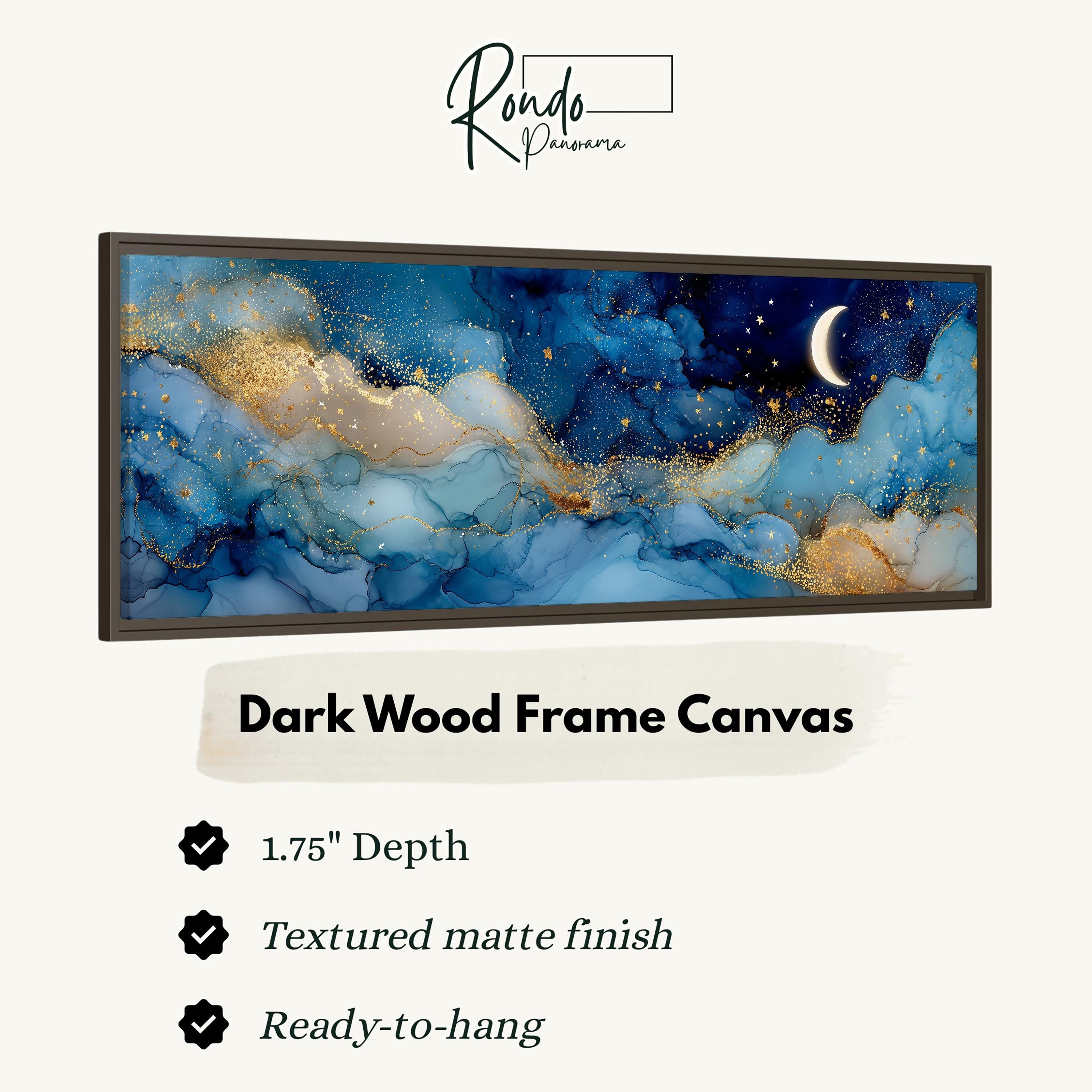 The image is a dark wood frame canvas featuring an abstract night sky with a crescent moon and stars.