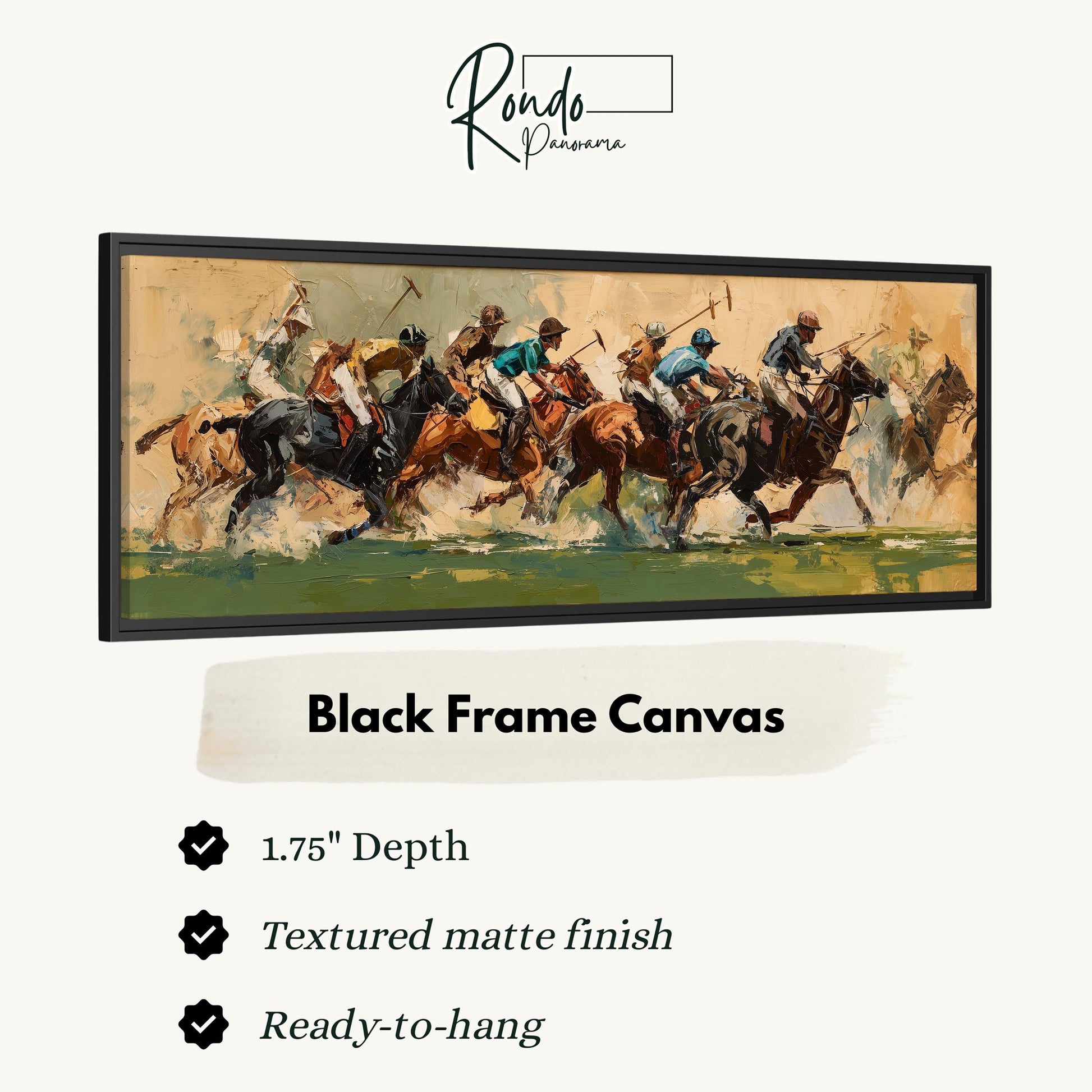 The image is a framed painting depicting a group of people riding horses, with a focus on the action and movement of the horses and riders.