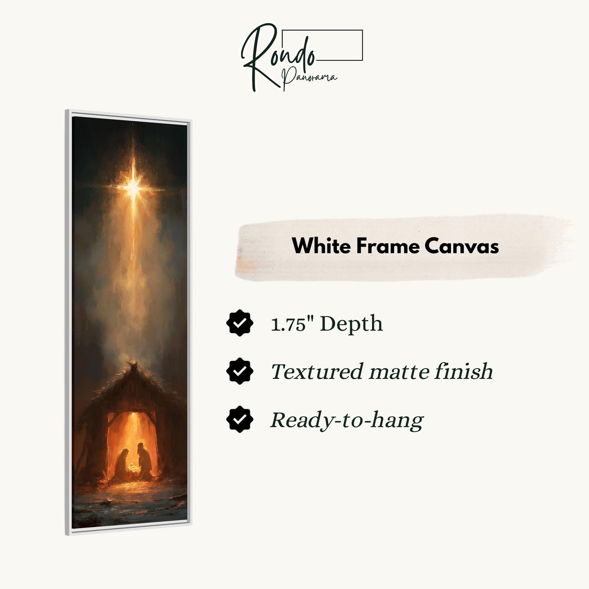 Star of Bethlehem shining over the manger canvas print in a white floating frame