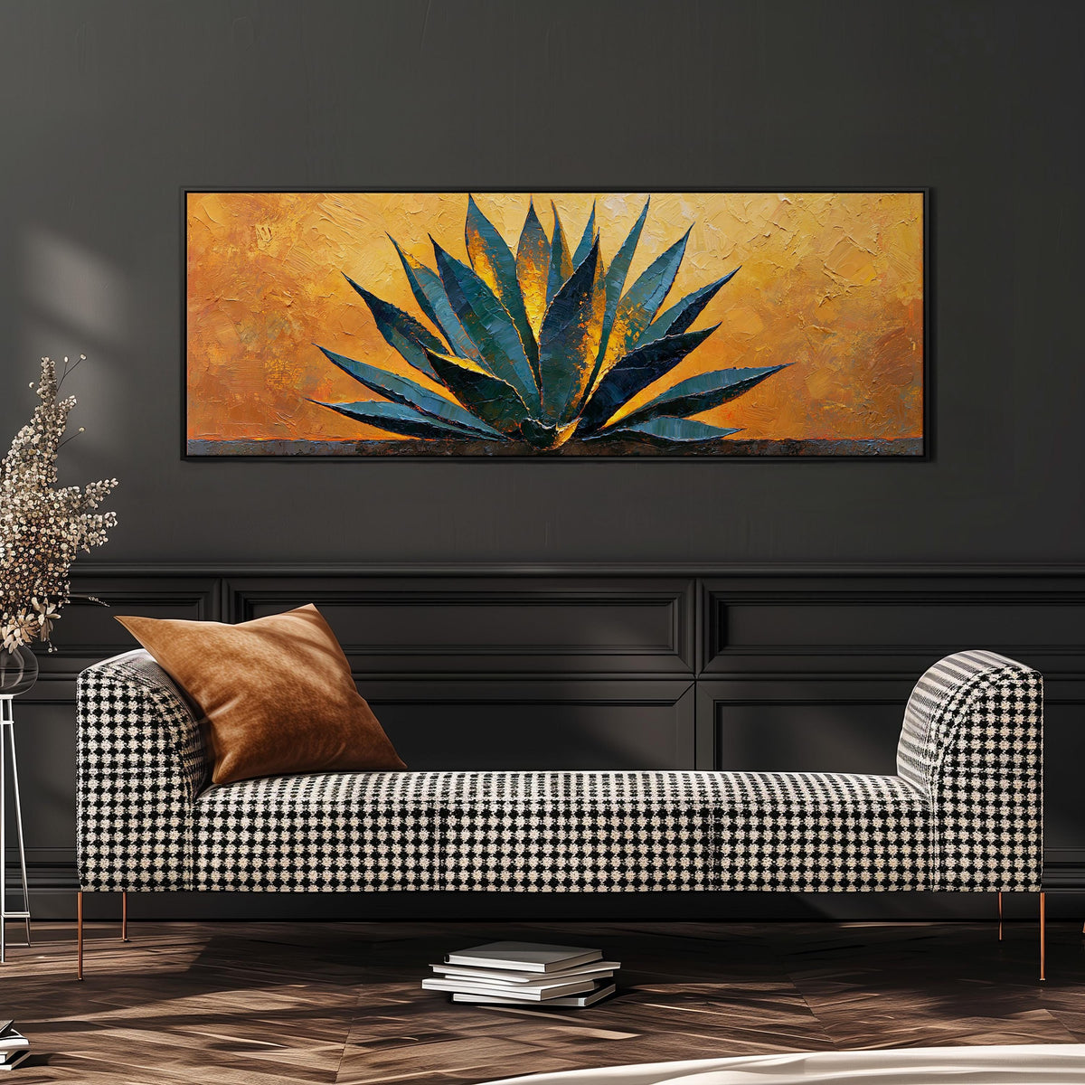 Blue agave on a textured gold background wide panoramic canvas print above a bench in a dark living room