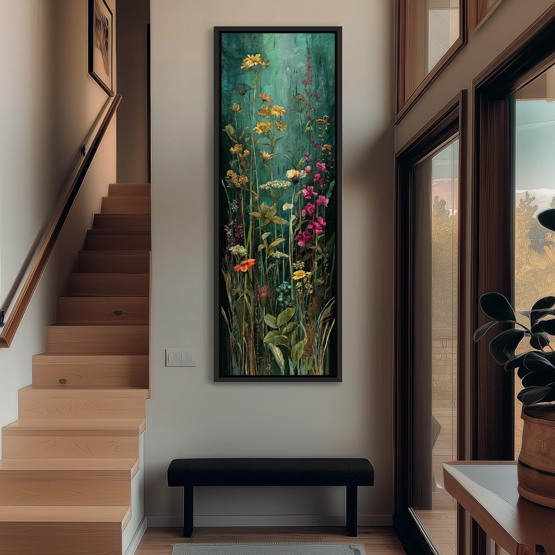 a large, framed painting of a lush, colorful garden scene hanging on a wall.