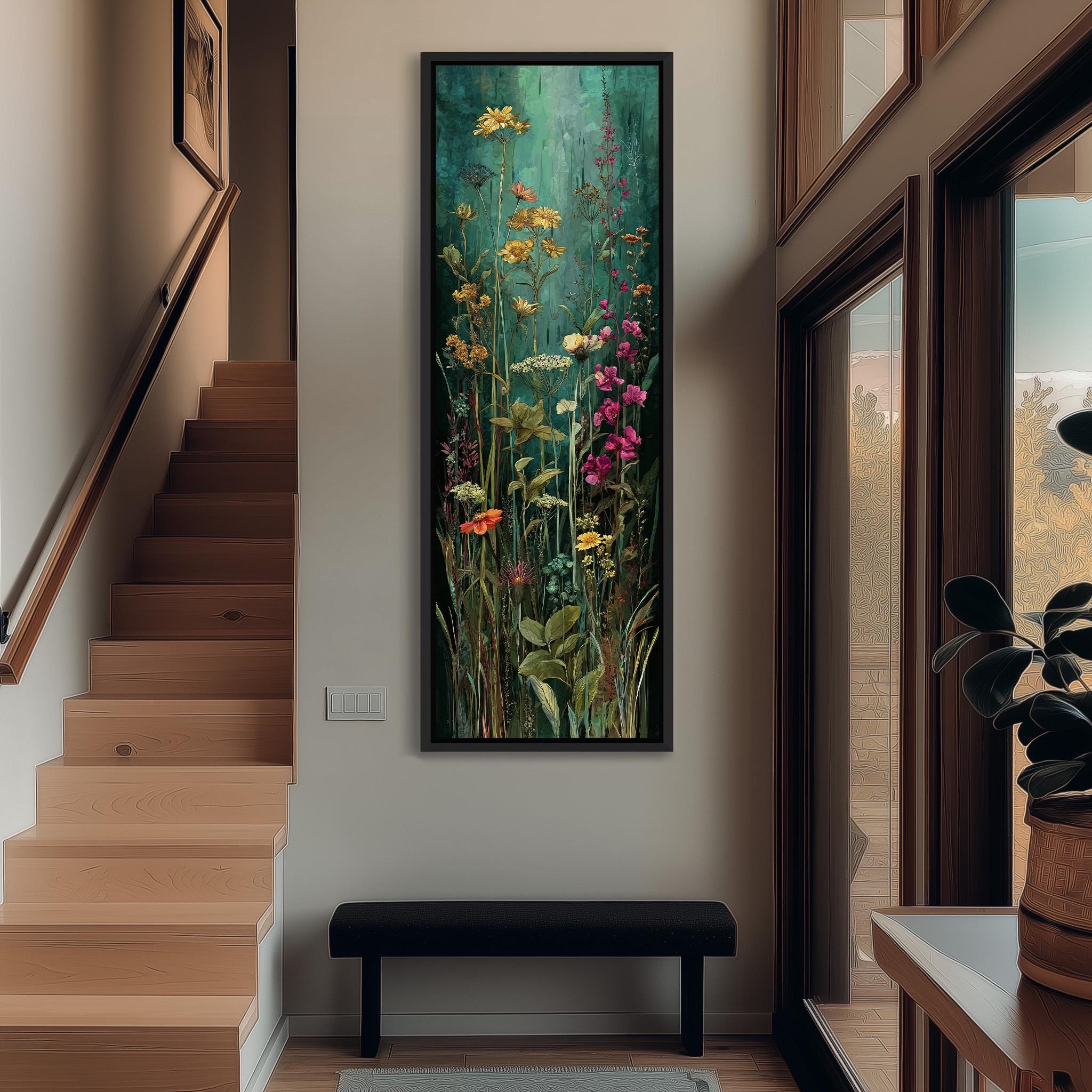 a large, colorful painting of flowers hanging on the wall of a hallway. The painting is framed and appears to be the focal point of the space. The hallway has wooden stairs leading up to it, and there is a bench in the foreground. The overall atmosphere of the image is bright and inviting, with the vibrant colors of the painting adding a lively touch to the space.