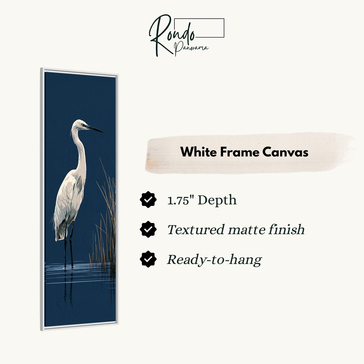 White egret wading on navy canvas print in a white floating frame
