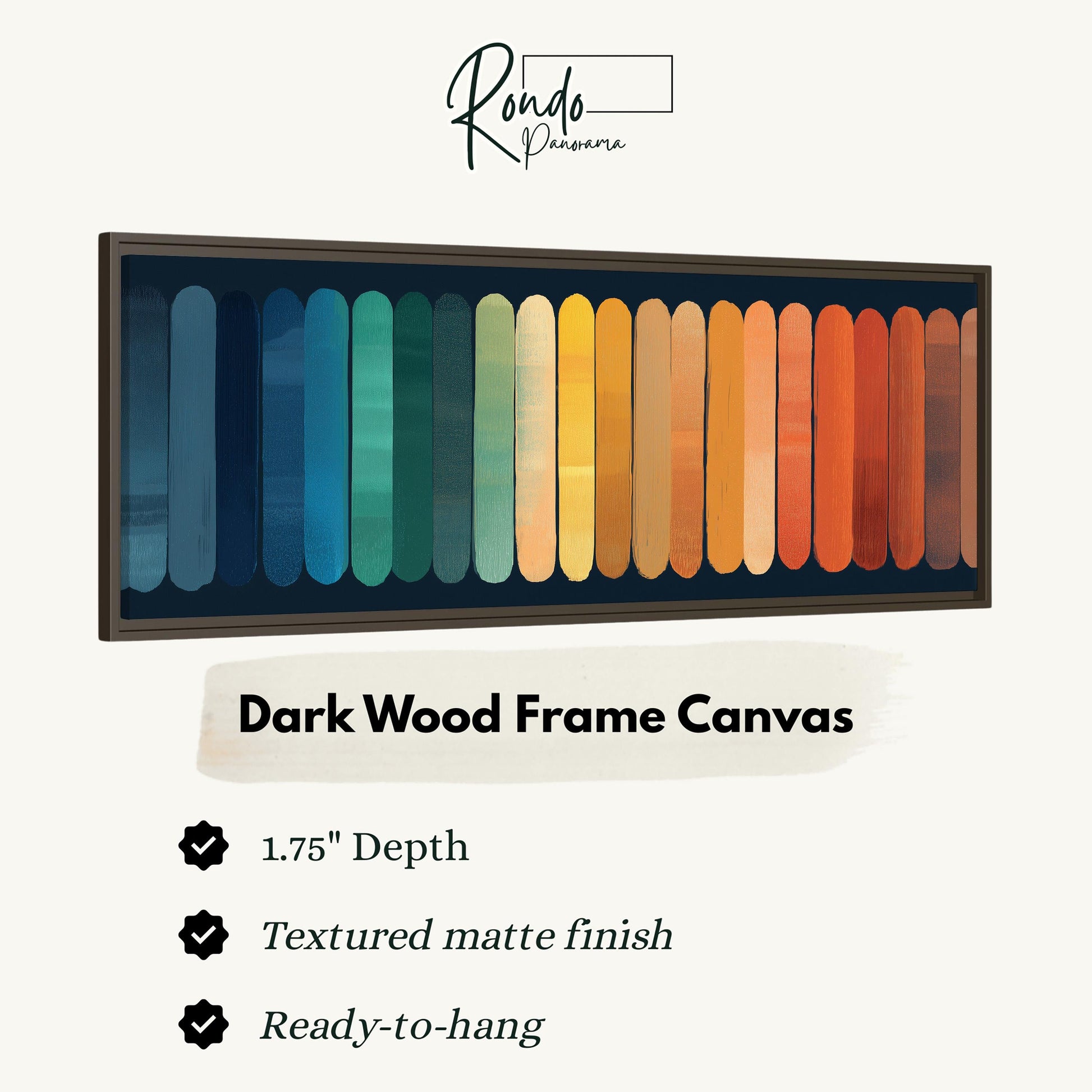 a dark wood frame canvas with a color gradient, which is described as a 1.75" depth canvas with a textured matte finish and ready-to-hang.