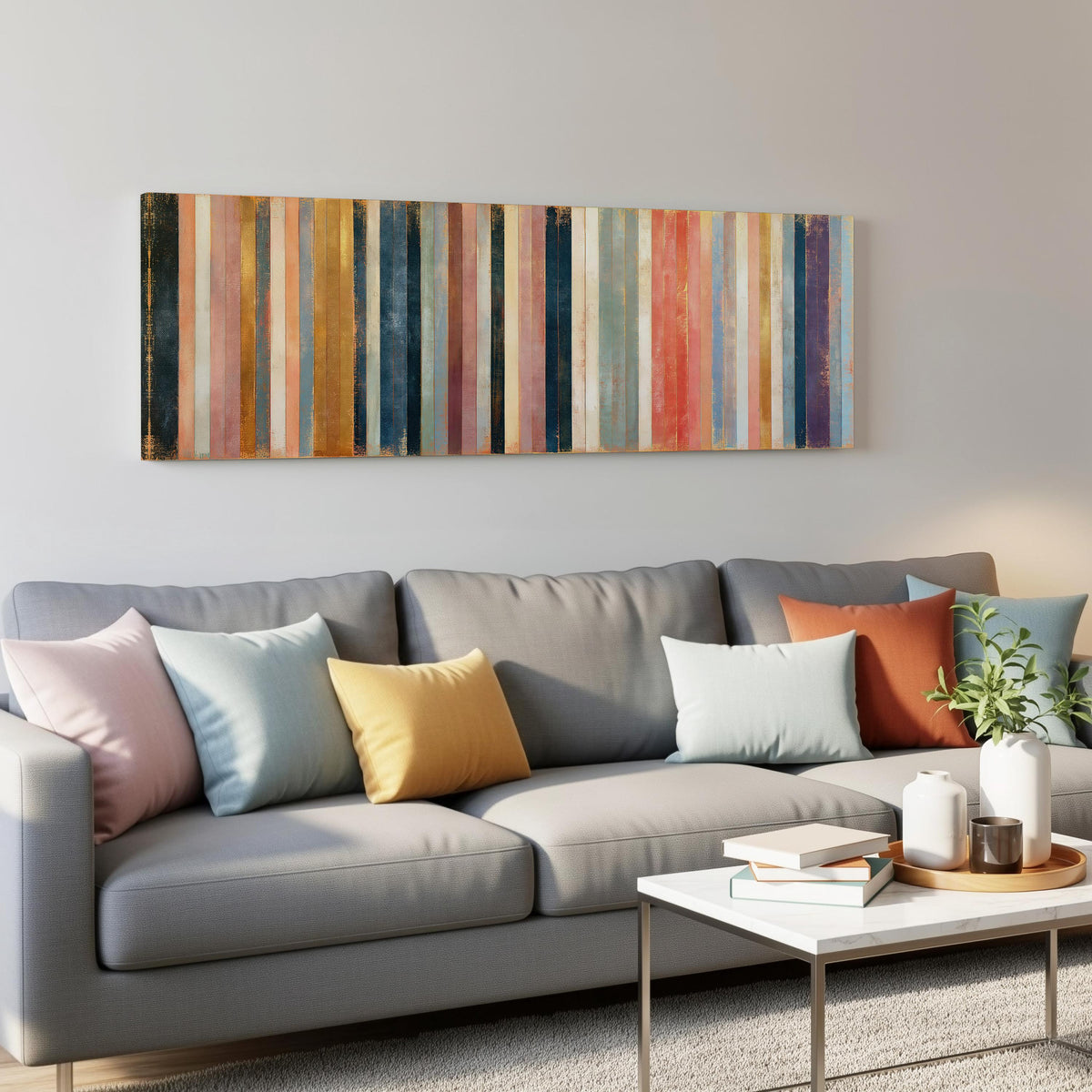 Blush, navy and gold gilded stripes panoramic canvas print above a grey sofa in a living room