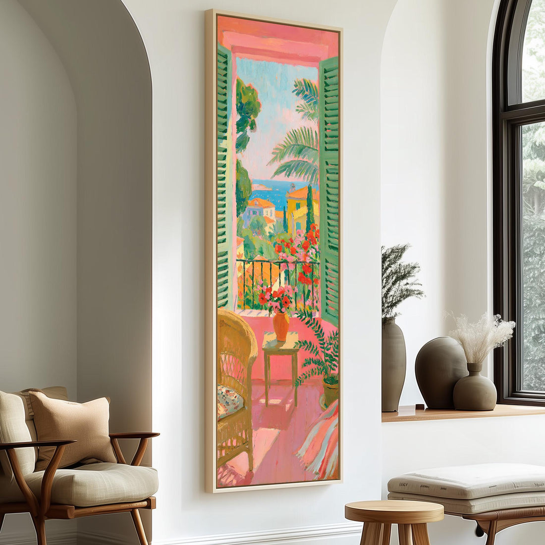 Pink balcony with flowers and a sea view long vertical canvas print in a sunlit living space