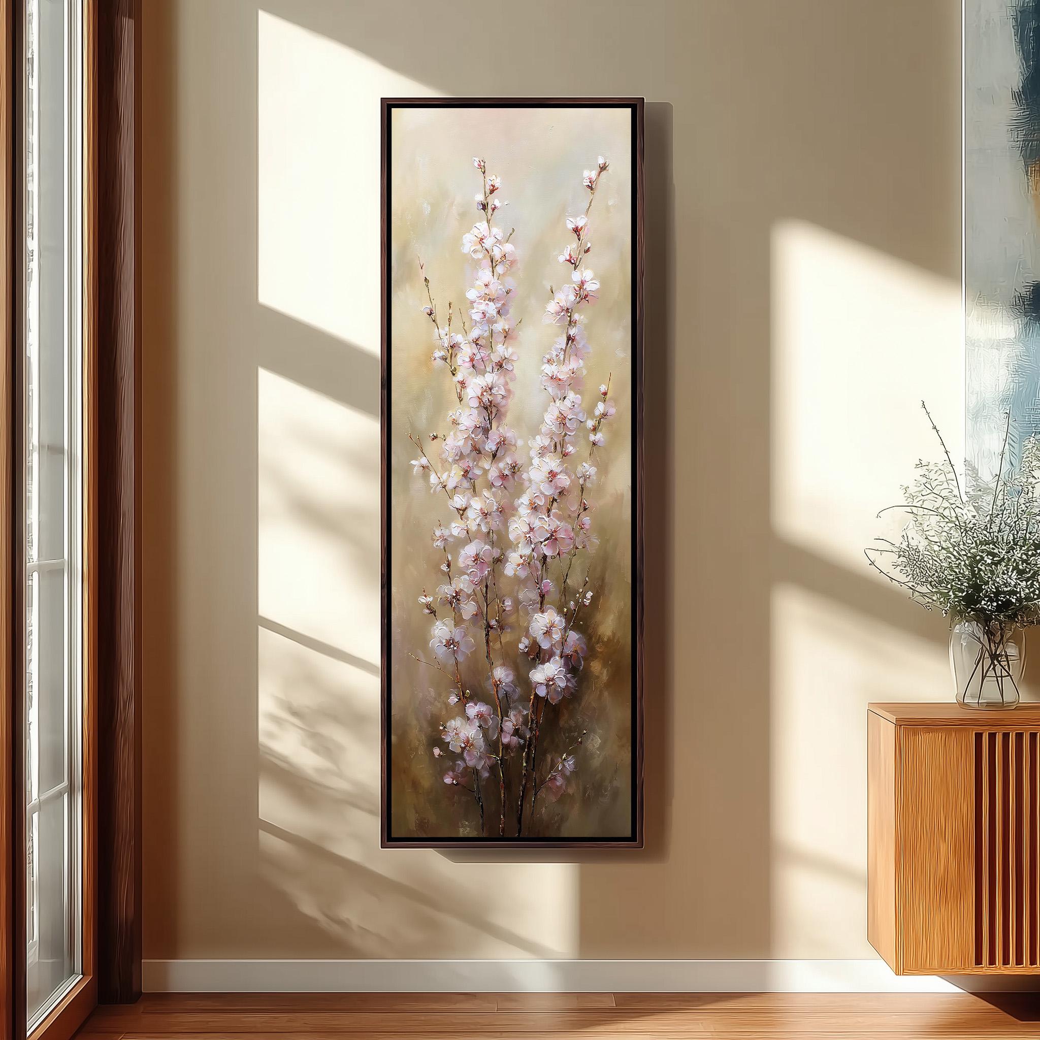 a large framed painting of pink flowers hanging on a wall in a room with a wooden cabinet below it.