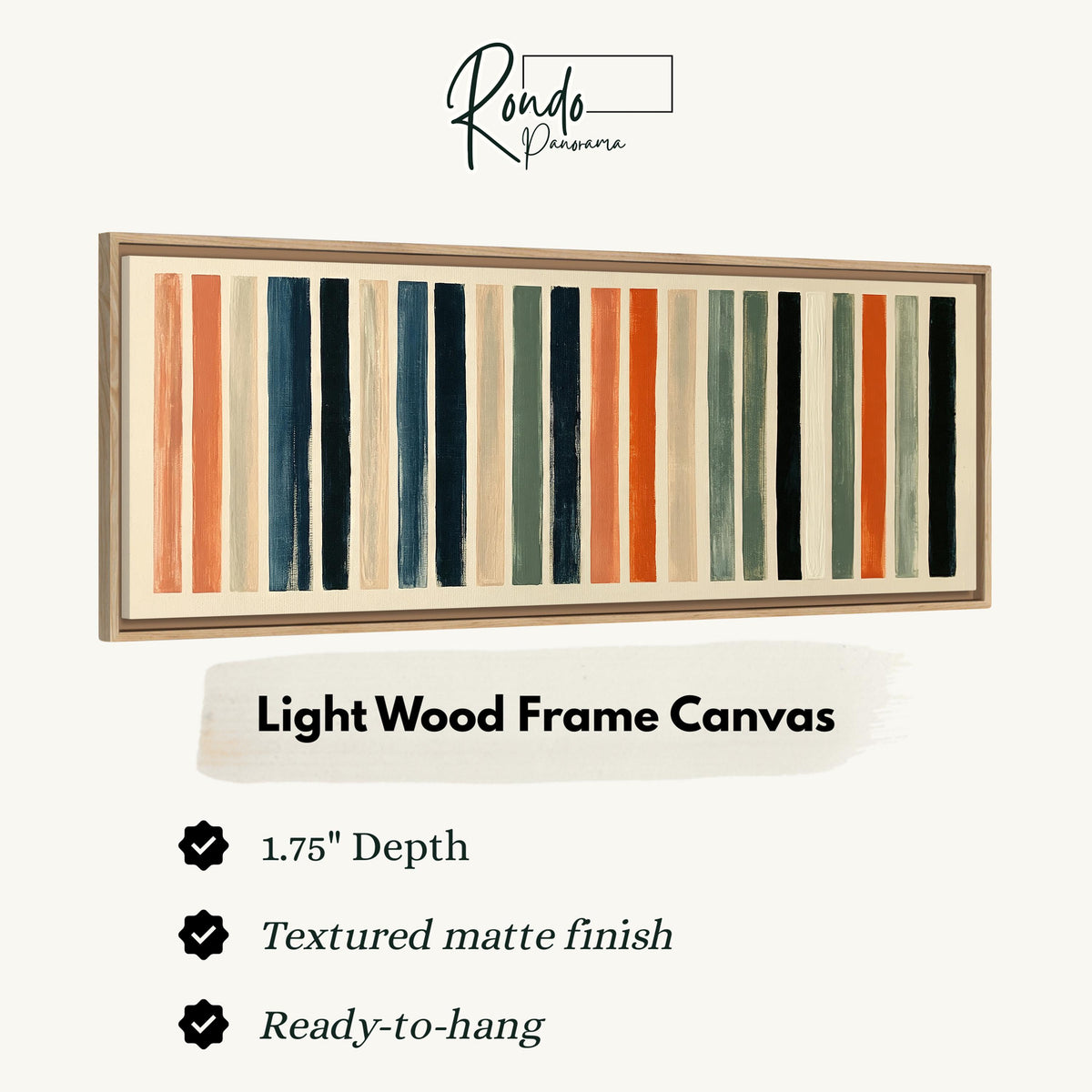 Bold peach, sage and navy stripes canvas print in a light wood floating frame