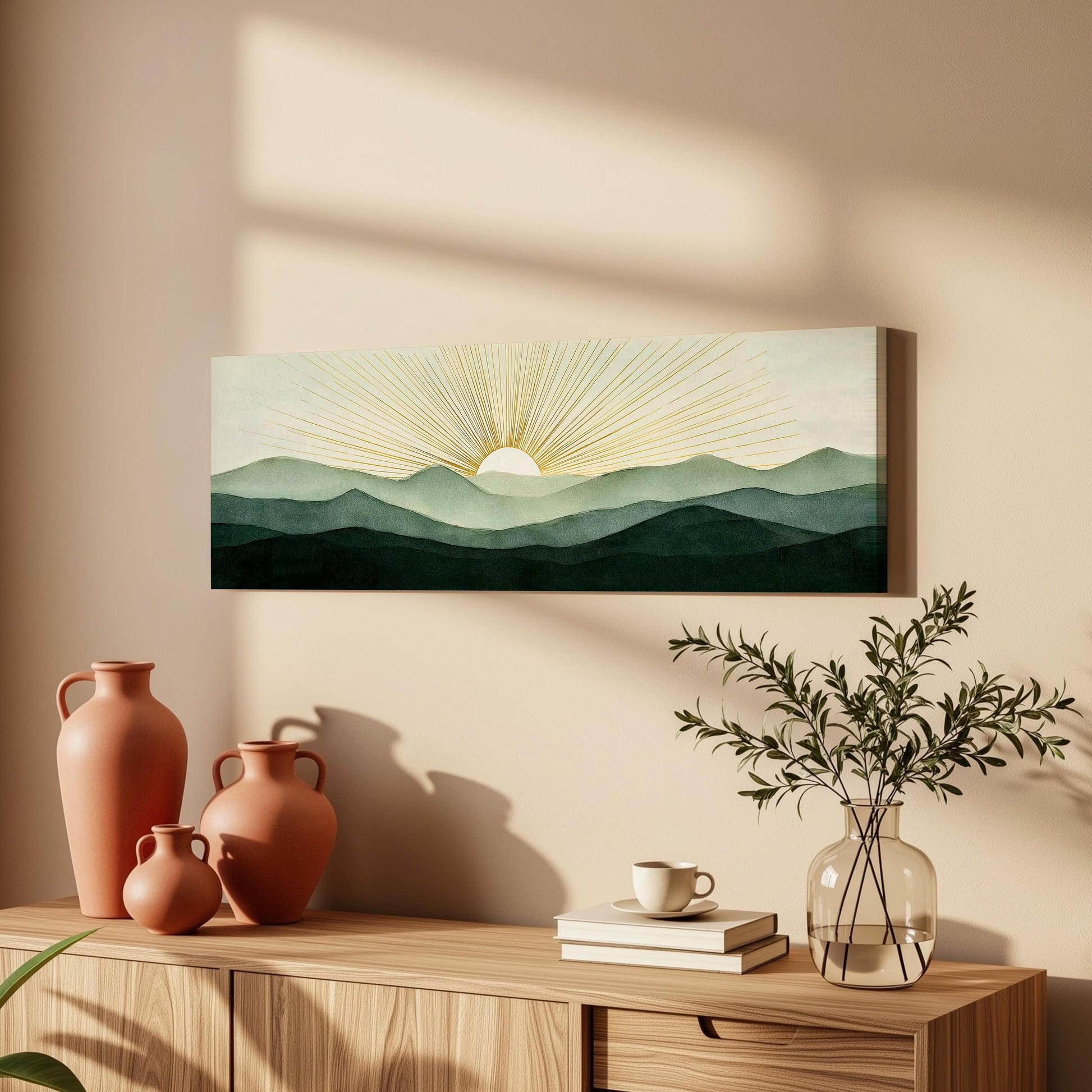 a wooden cabinet with a vase of greenery, a coffee cup, and a stack of books on top. Above the cabinet, there is a framed painting depicting a sunrise over a mountain landscape.