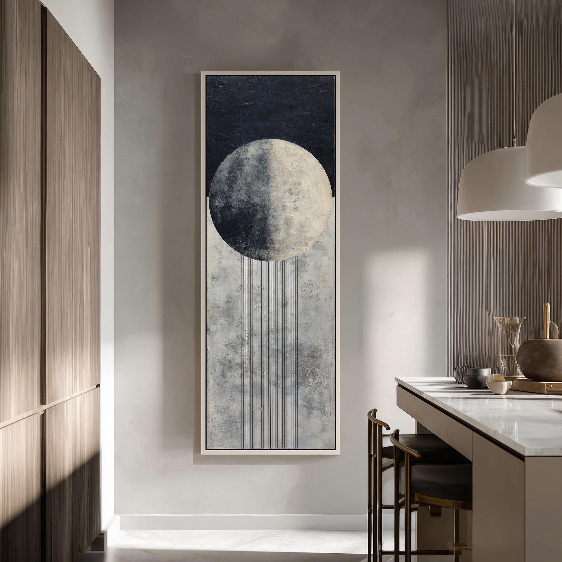 a modern kitchen with a large abstract painting hanging on the wall, depicting a moon and a waterfall. The kitchen has a minimalist design with a white countertop and wooden cabinets.