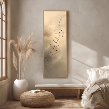 a serene bedroom scene with a large window, a white bed, a woven ottoman, and a framed picture of birds flying in the sky.