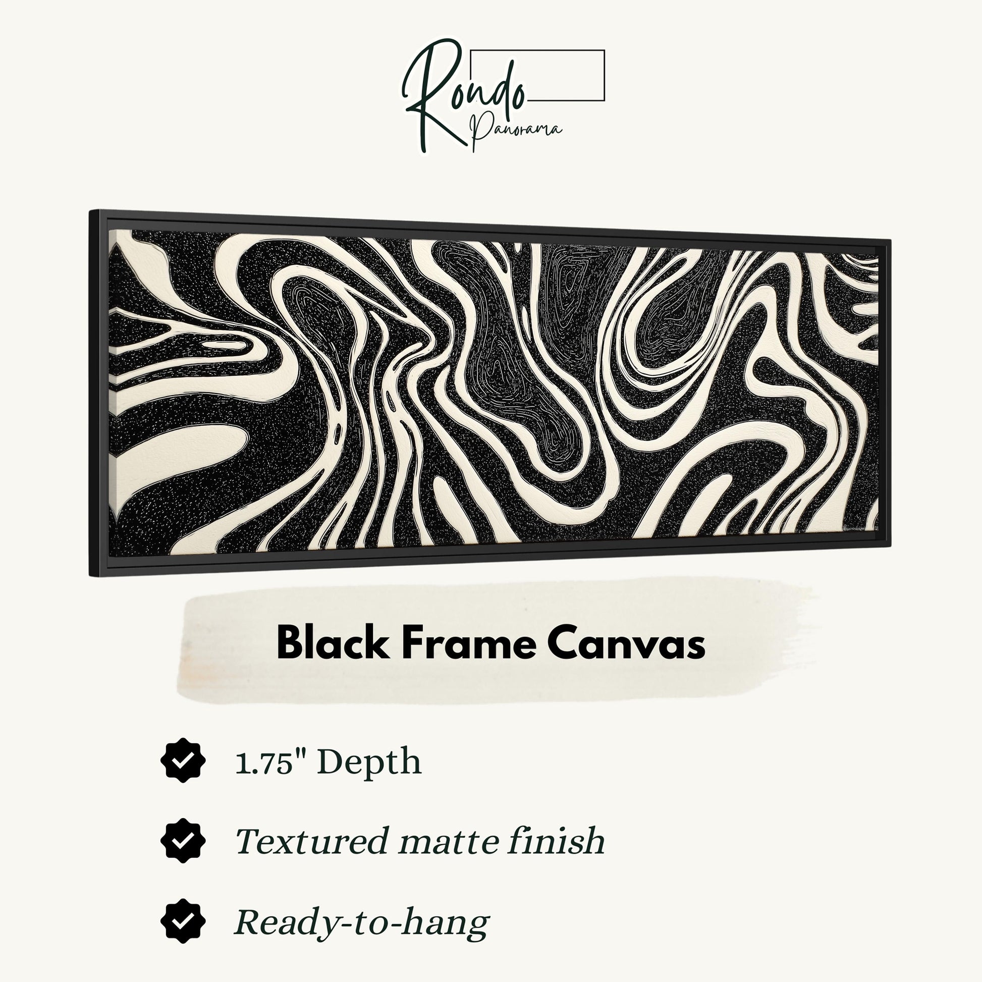 a black frame canvas with a black and white abstract design.