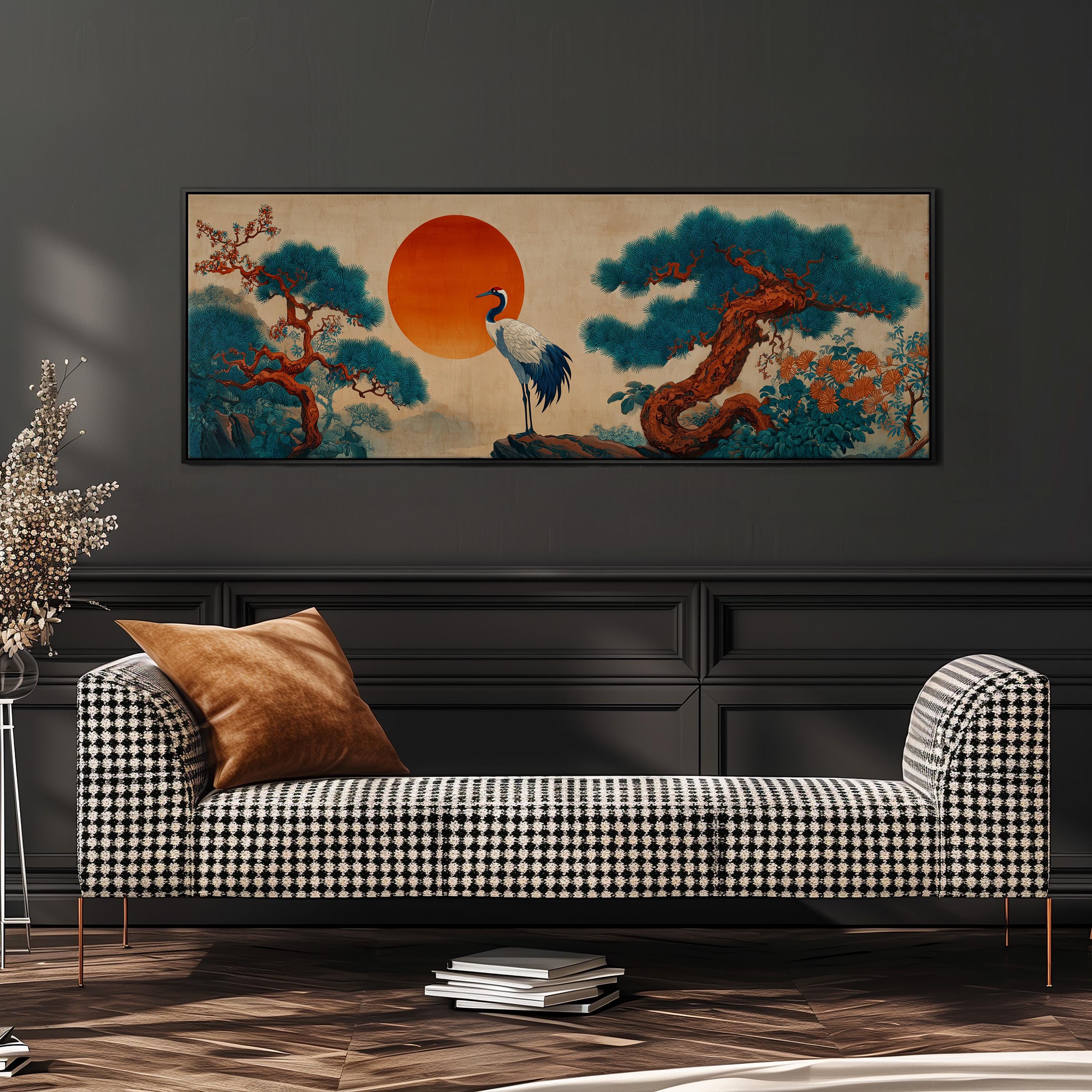 a large, colorful painting of a crane standing on a rock, surrounded by trees and a large orange sun in the background. The painting is displayed on a wall above a black and white checkered sofa, which is positioned in front of a bookshelf.