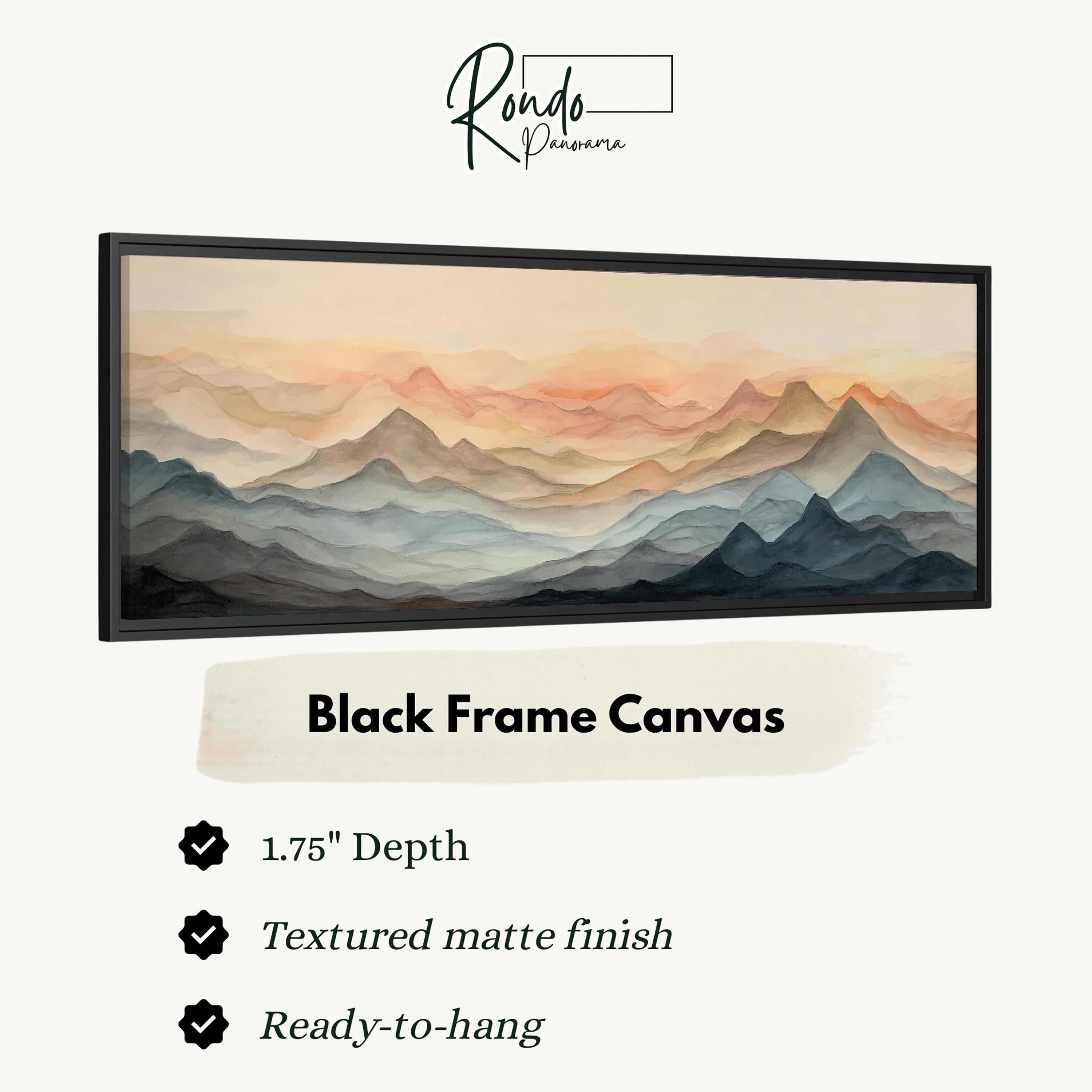 The image is a black frame canvas depicting a landscape with mountains in shades of orange and blue.