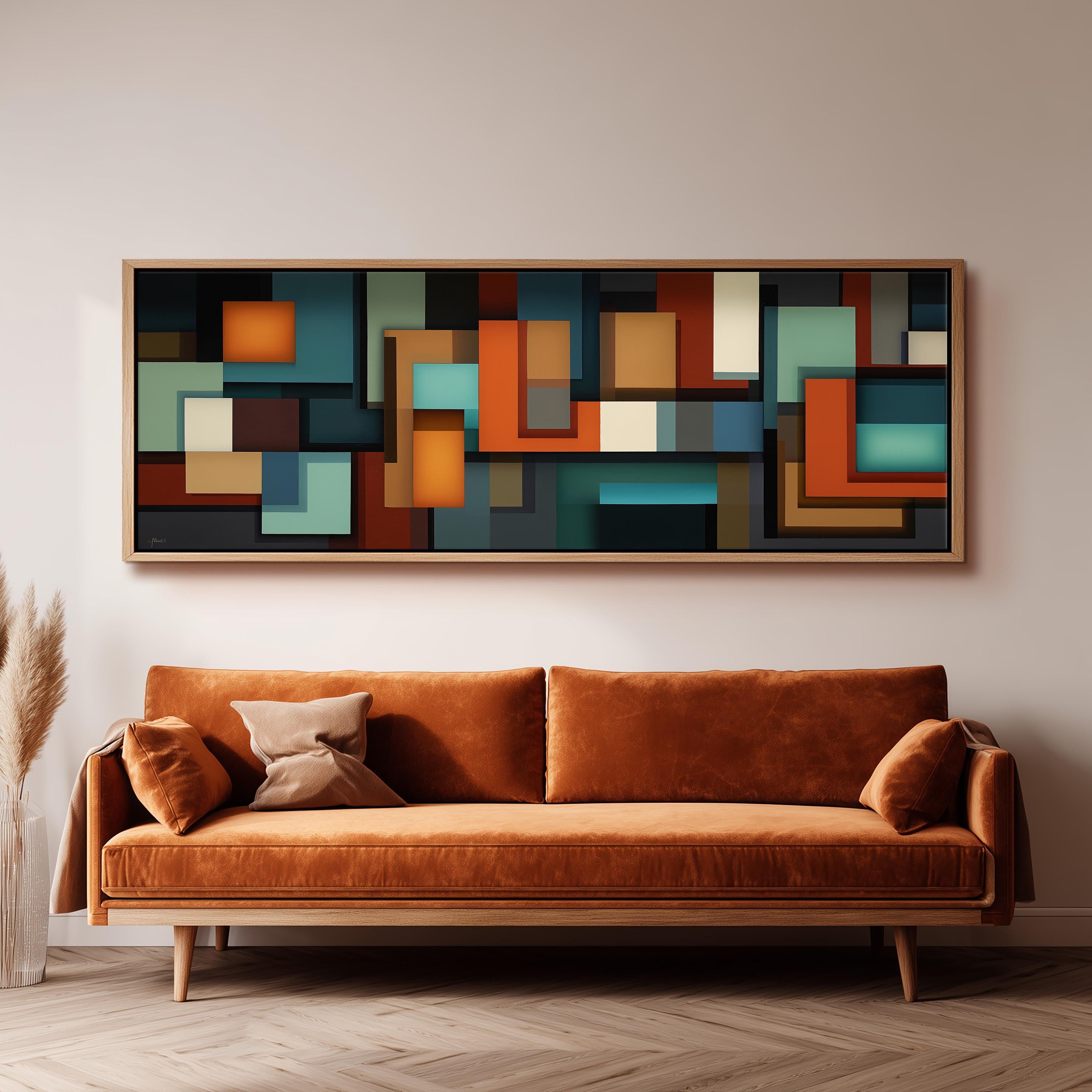 a large abstract painting hanging on a wall above a brown sofa with two pillows.