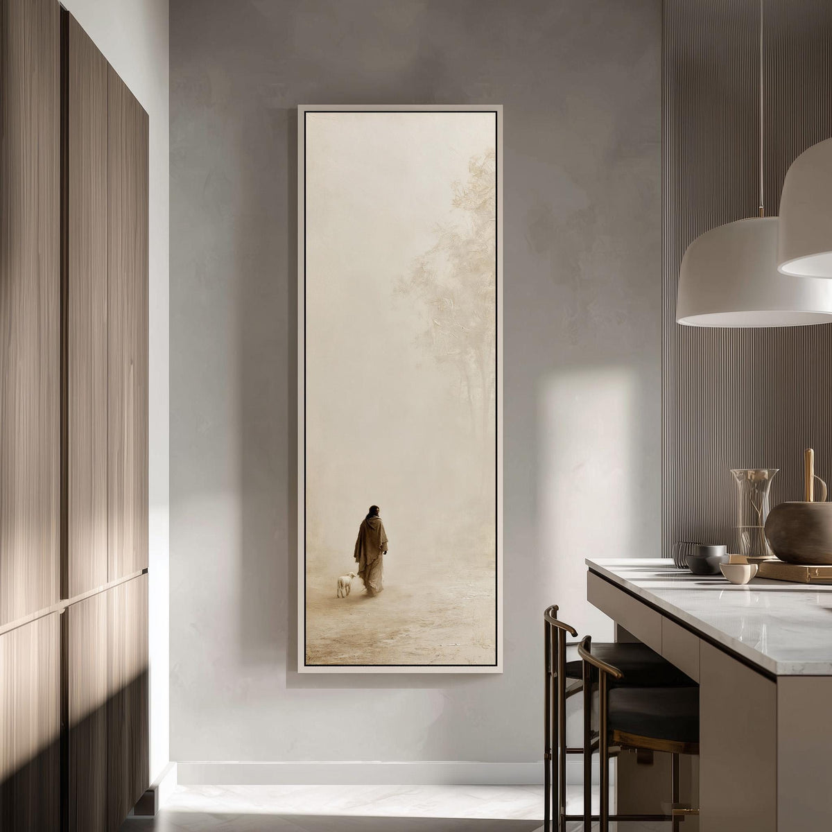 Jesus walking with a lamb in pale mist tall skinny canvas print in a modern kitchen