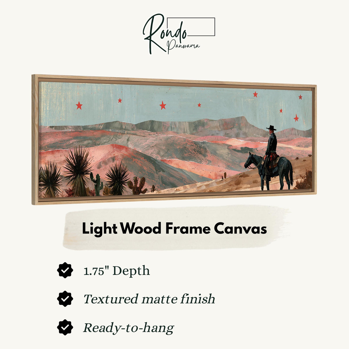 Desert cowboy under red stars canvas print in a light wood floating frame