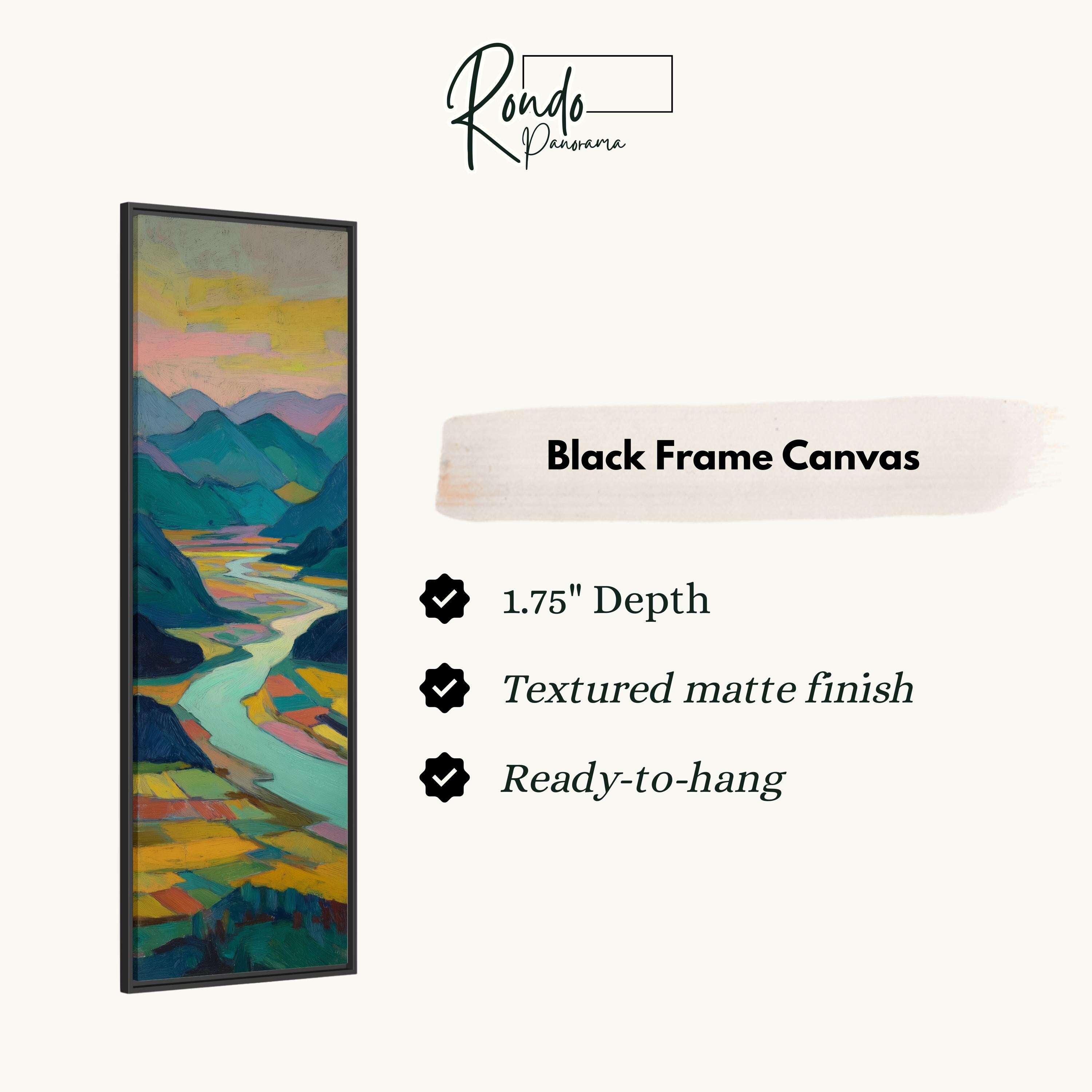 The image is a black frame canvas depicting a landscape with mountains and a river.