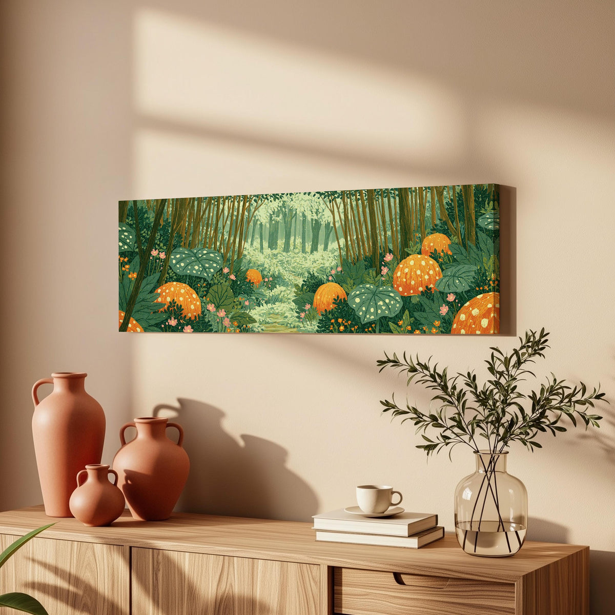 Amber mushroom forest long horizontal canvas print above a wooden sideboard
