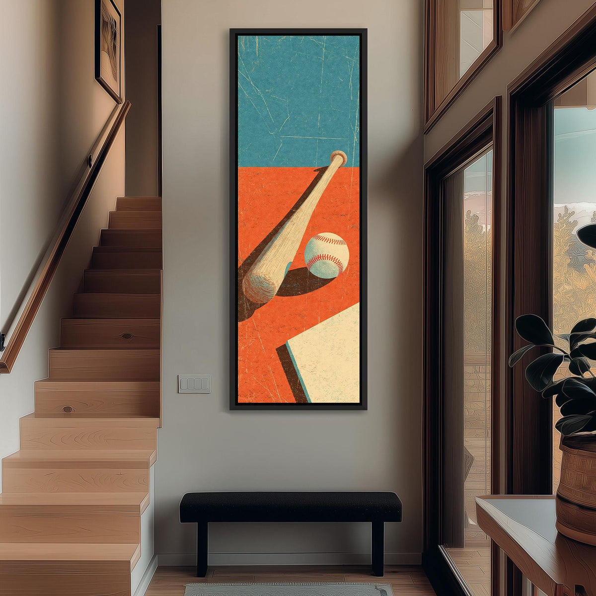Retro baseball bat and ball tall narrow canvas print beside a staircase in an entryway