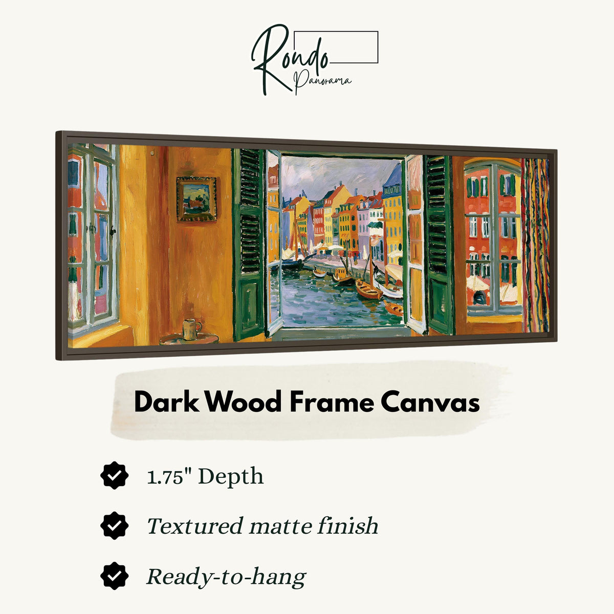 Copenhagen's colorful canal through a window canvas print in a dark wood floating frame