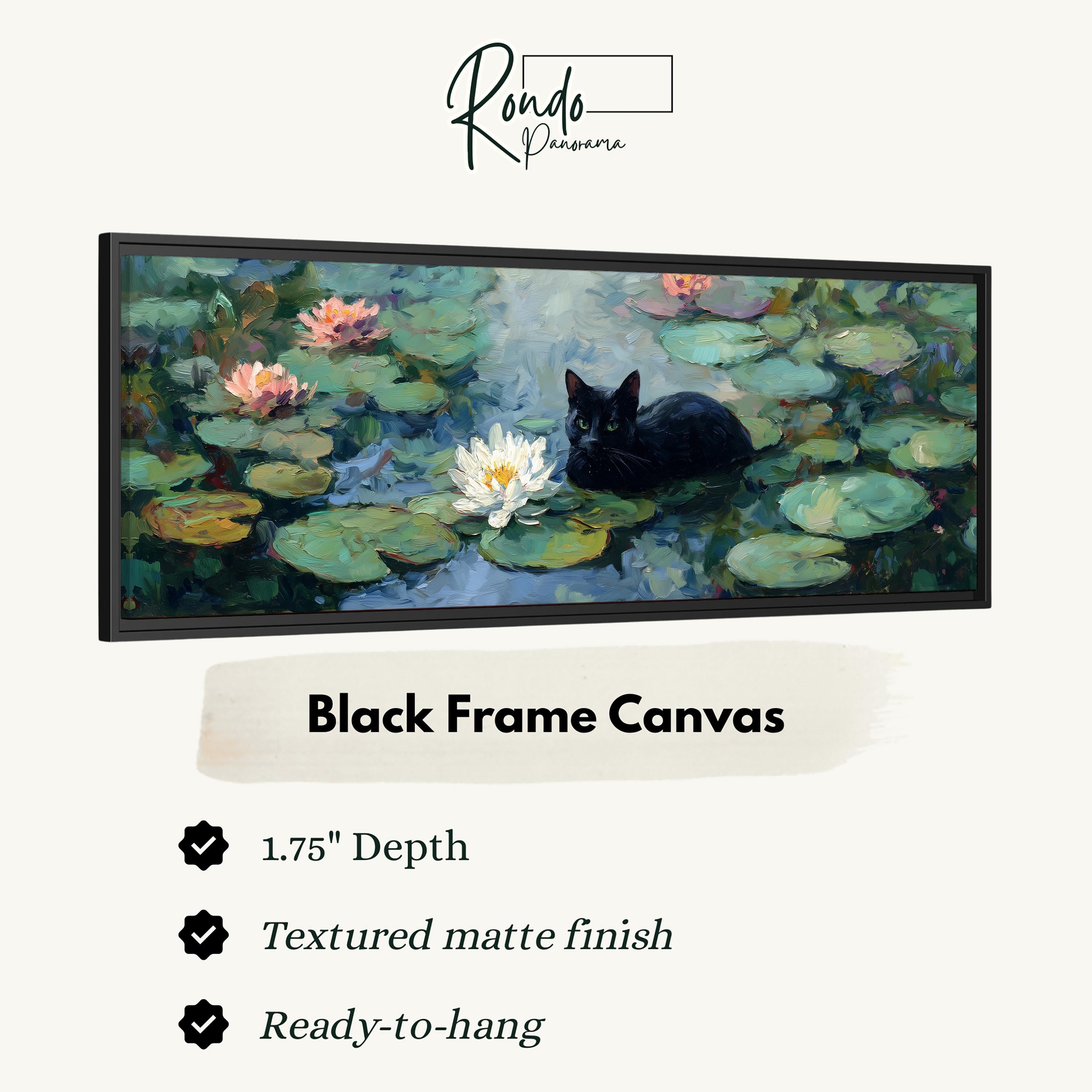The image is a framed painting depicting a black cat sitting on lily pads in a pond with water lilies.