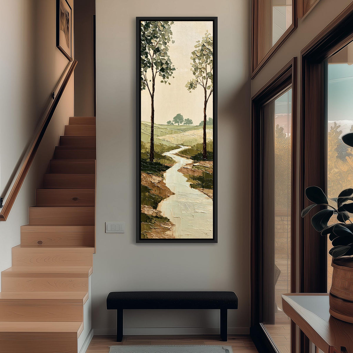 Stream winding between trees into the countryside tall narrow canvas print beside a staircase in an entryway