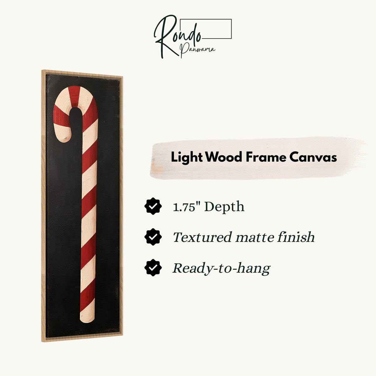 Single candy cane on black canvas print in a light wood floating frame
