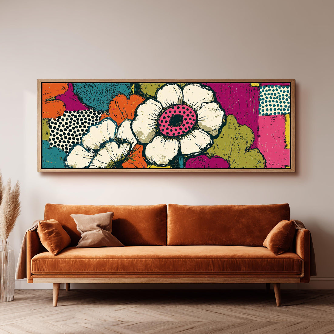 Bold pop blossoms long horizontal canvas print above a sofa in a living room