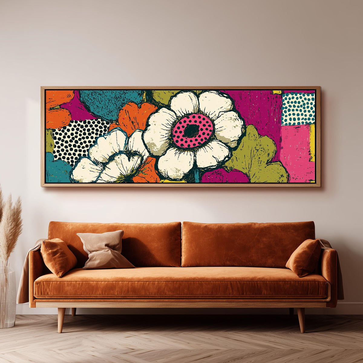 Bold pop blossoms panoramic canvas print above a sofa in a living room