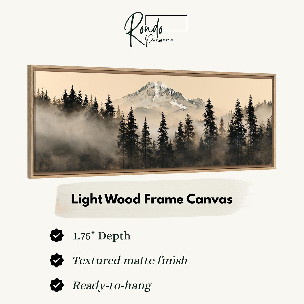 Foggy pine forest below a snowy mountain canvas print in a light wood floating frame