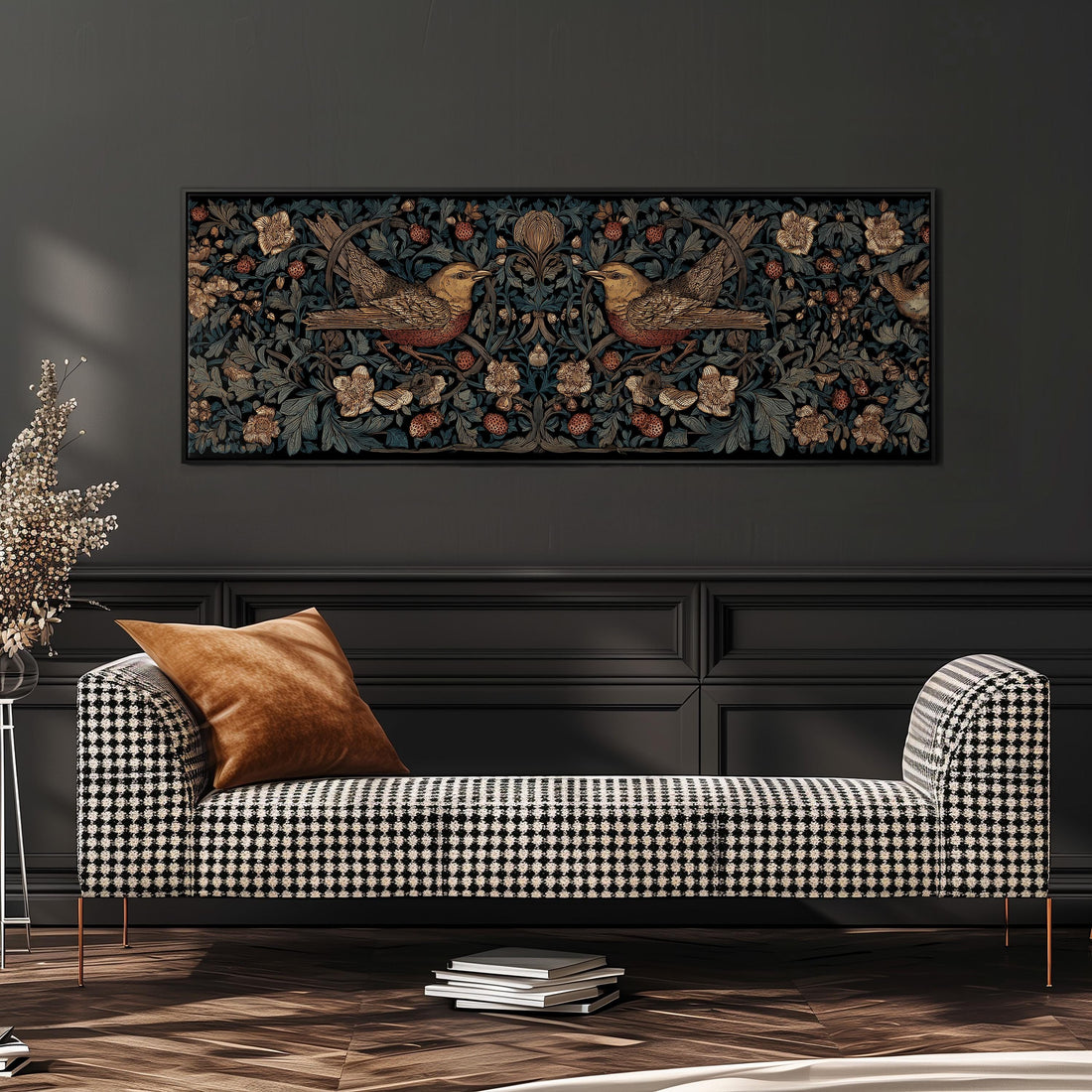 a large, ornate tapestry hanging on a wall above a brown sofa with a wooden frame.